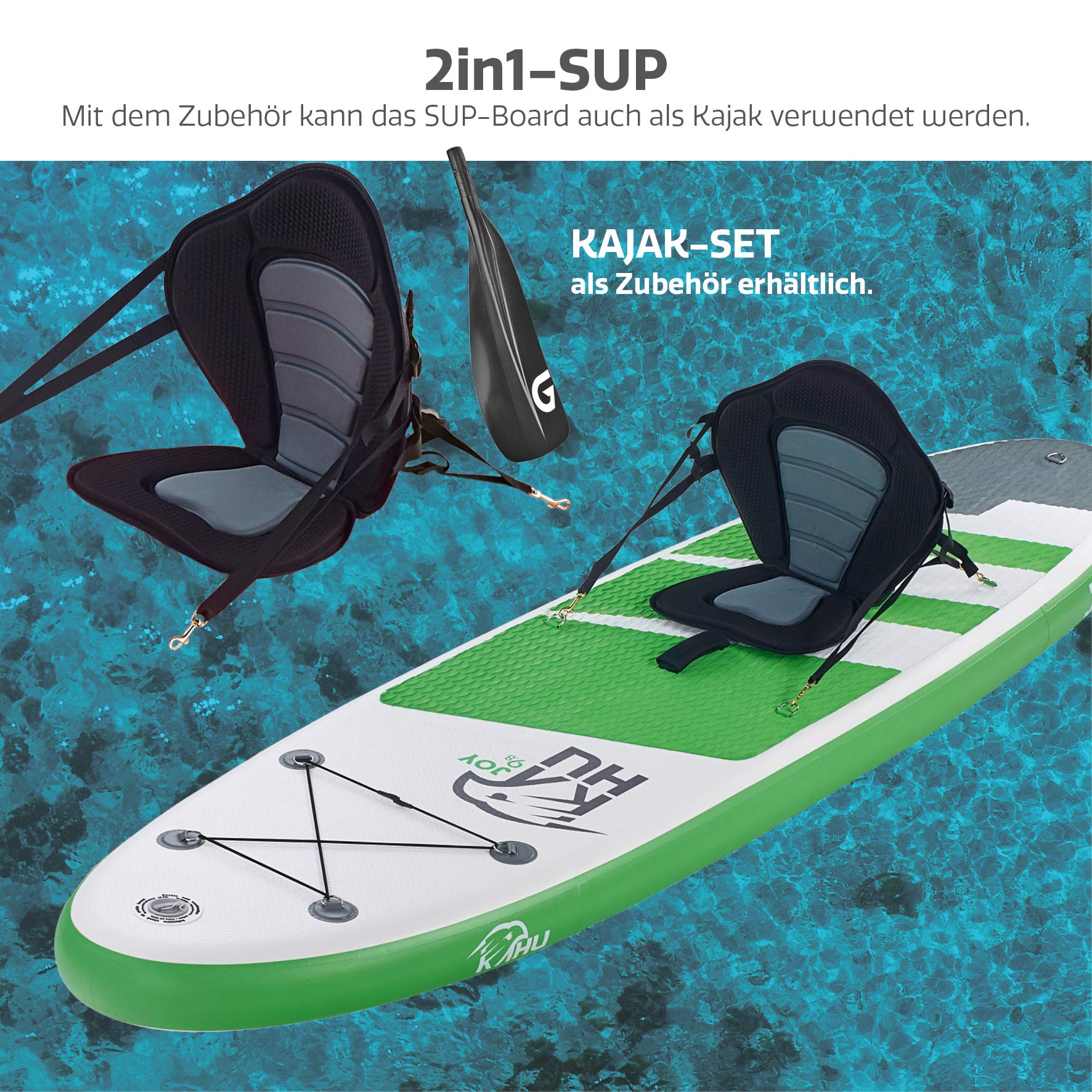 KAHU® Joy 9’8’’ Stand up Paddling Board – aufblasbares iSUP Board komplett Set inkl. Alu-Paddel und Pumpe - Allroundboard für Einsteiger – 15cm Dick – 120kg Traglast – Kajak Sitz als Zubehör – Grün