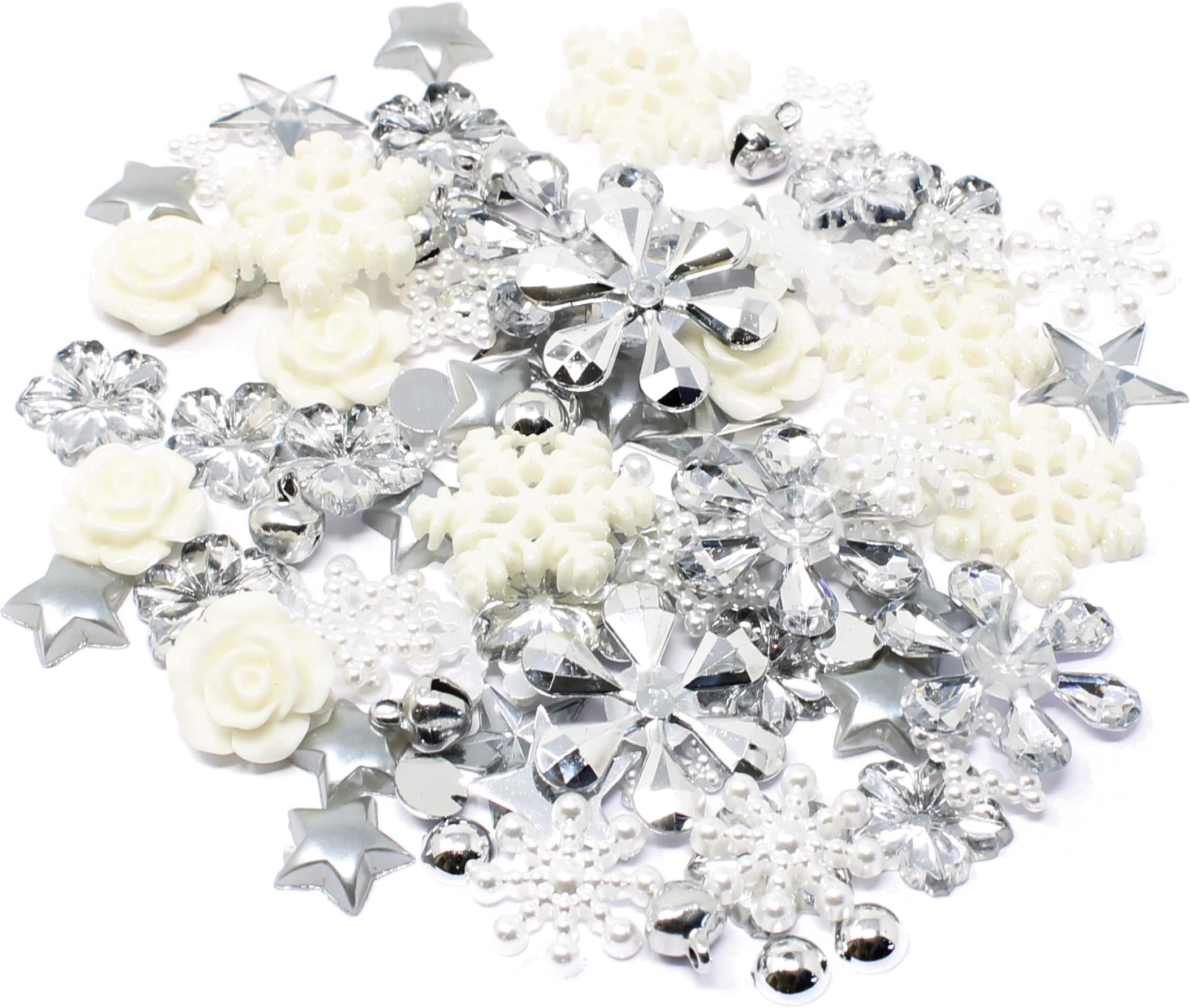 80 Winter/Christmas Mix Silver/White Shabby Chic Resin Flatbacks - Festive Craft Embellishments for Cardmaking and Christmas Holiday Projects