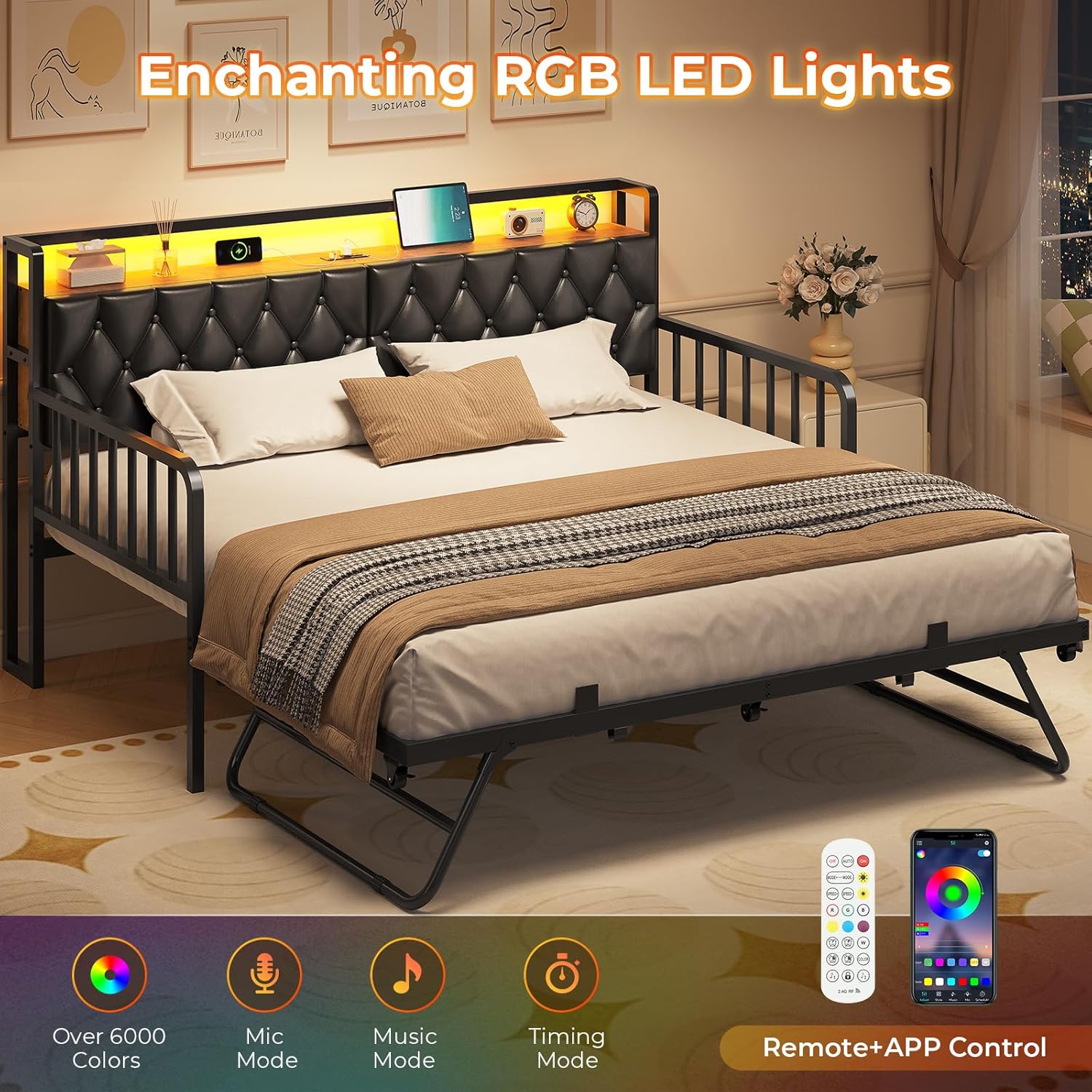 ADORNEVE Daybed with Trundle, Twin to King Daybed with Charging Station & LED Lights, Metal Trundle Bed Twin with Hidden Storage Headboard, Upholstered Sofa Day Bed for Living Room, Bedroom, Black