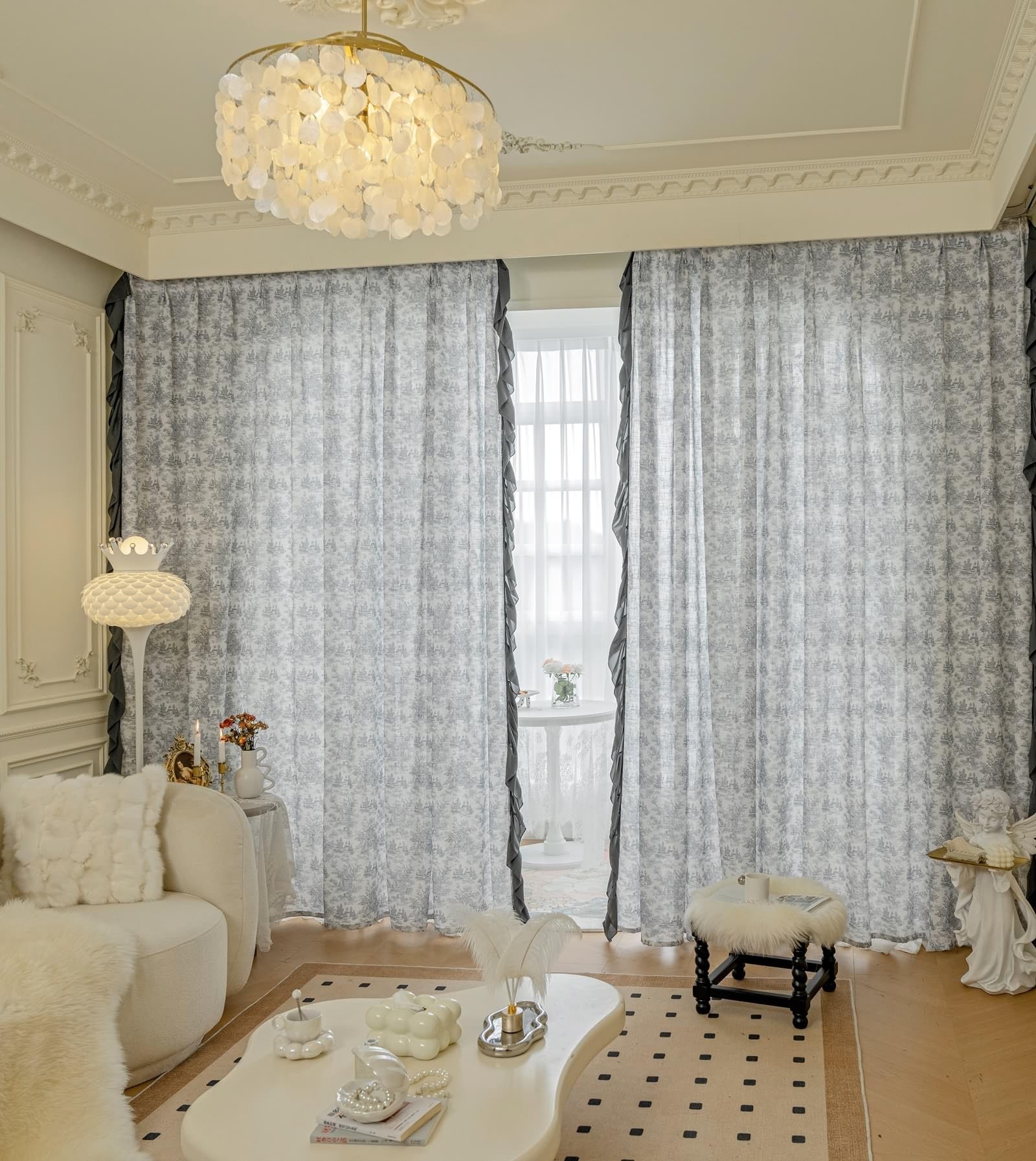 Epinki Voilage Rideaux Chambre Fleur Imprimé avec Volants Bleu Gris Coton Polyester 102x160cm Rideau à Oeillets, Lot de 2