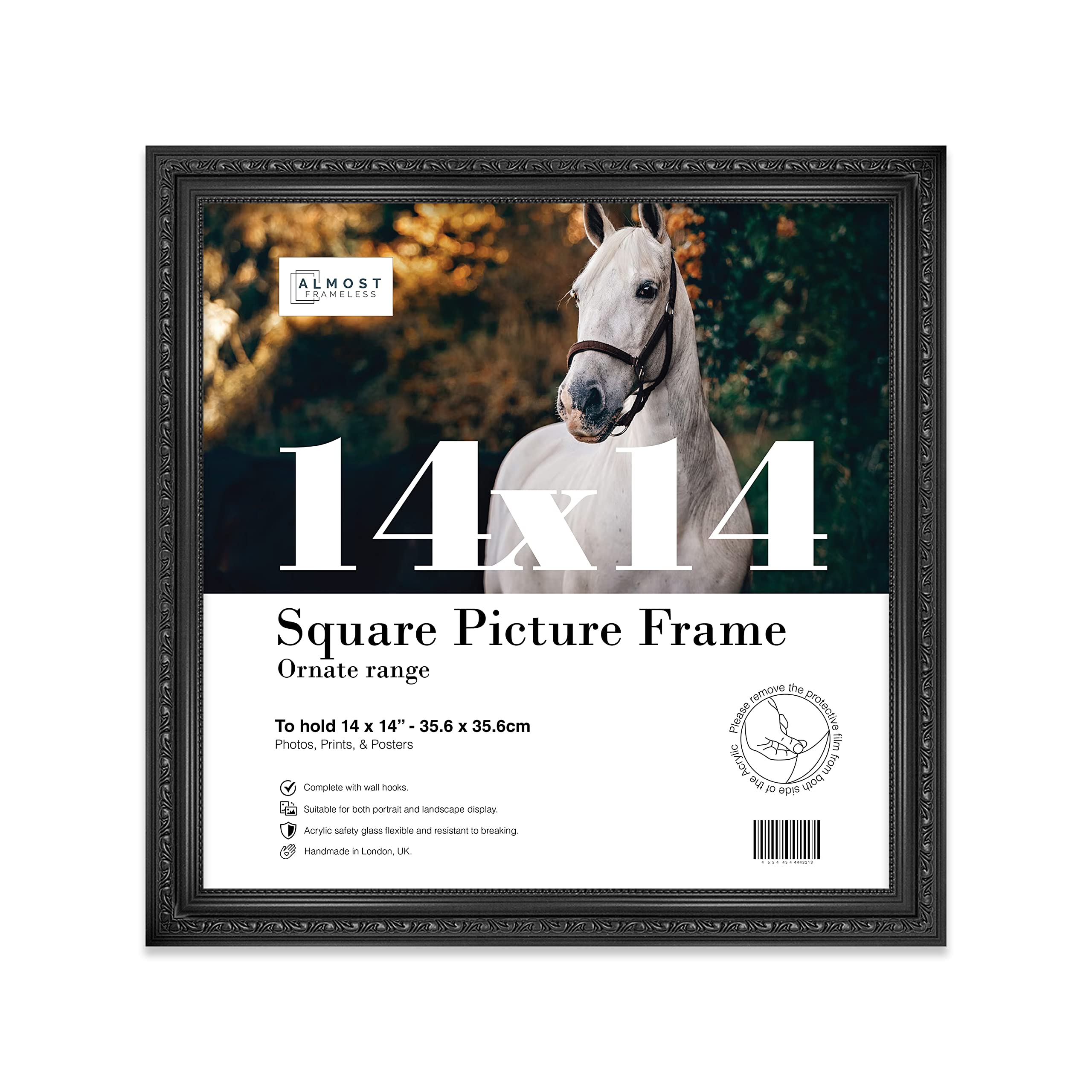 Almost Frameless 14x14 Black Ornate Picture Frame 14"x14"(35.6x35.6cm) Poster, Photo, Artwork, or Print. Elegant Style Portrait and Landscape Display with Wall Hooks