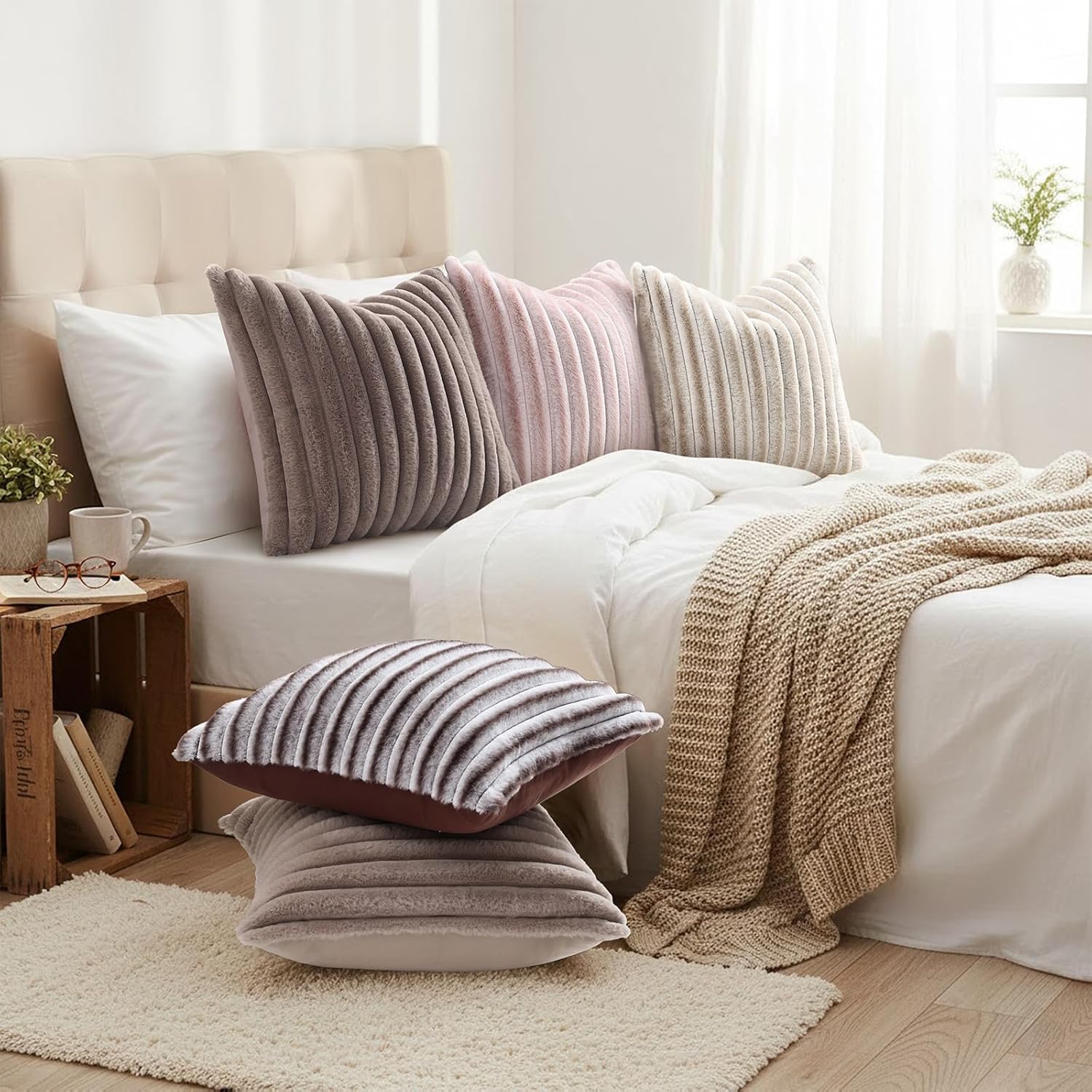 decorUhome Cozy Faux Fur Throw Pillow Covers 26x26 Set of 2 Decorative Soft Plush Striped Modern Farmhouse Boho Couch Euro Sham Pillow Cases with Velvet Back for Sofa Bed Living Room, Light Coffee