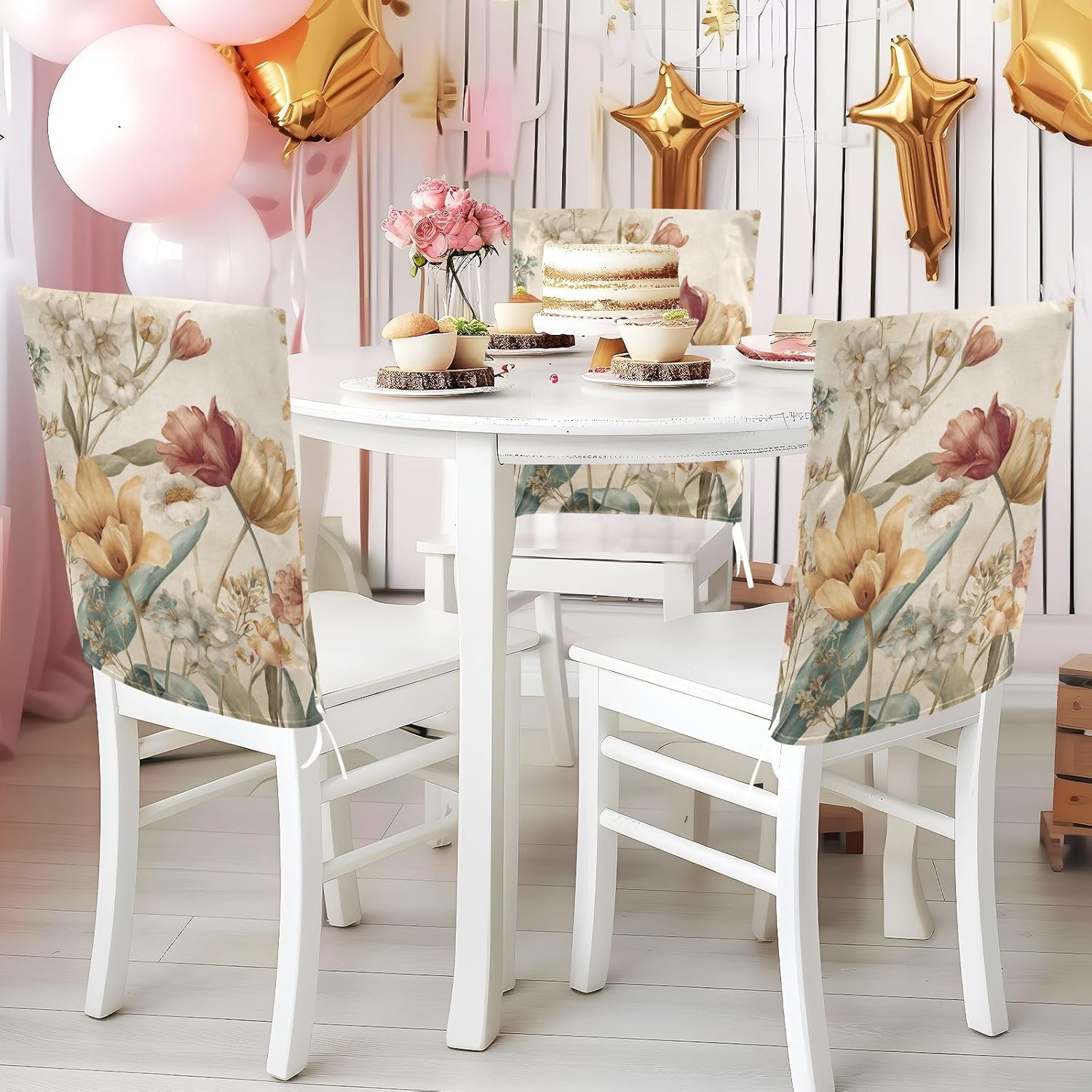 ALAZA Vintage Spring Tulips Flowers Chair Back Cover Set of 6, Washable Reusable Removable Chair Slipcovers Decorative Chair Cover for Home Kitchen Wedding Party