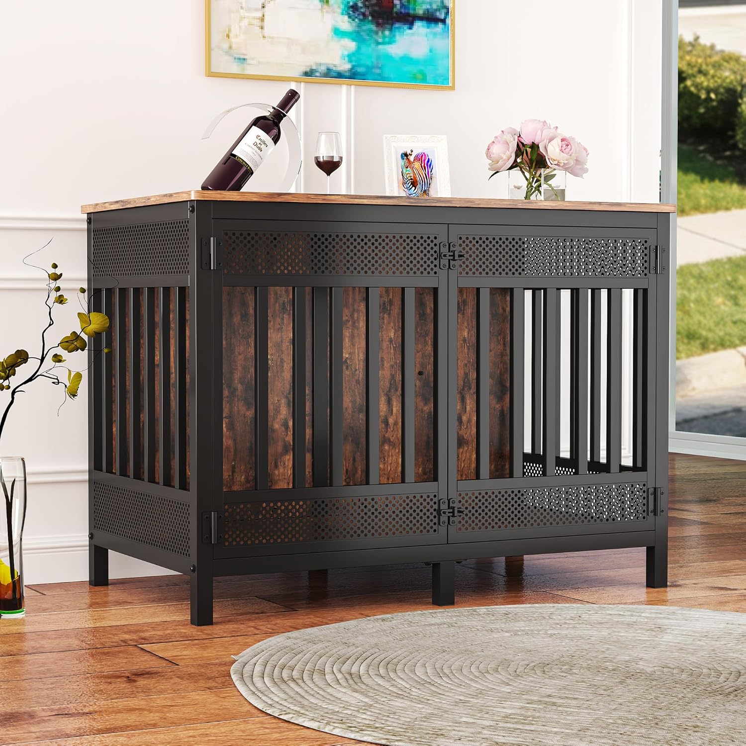 Boshen 48inch XXL Dog Crate Furniture for Large and Medium Dogs, Heavy Duty Wooden Reinforced Frame Dog Kennel Indoor with Double Doors, Decorate House as TV Stand, End Table