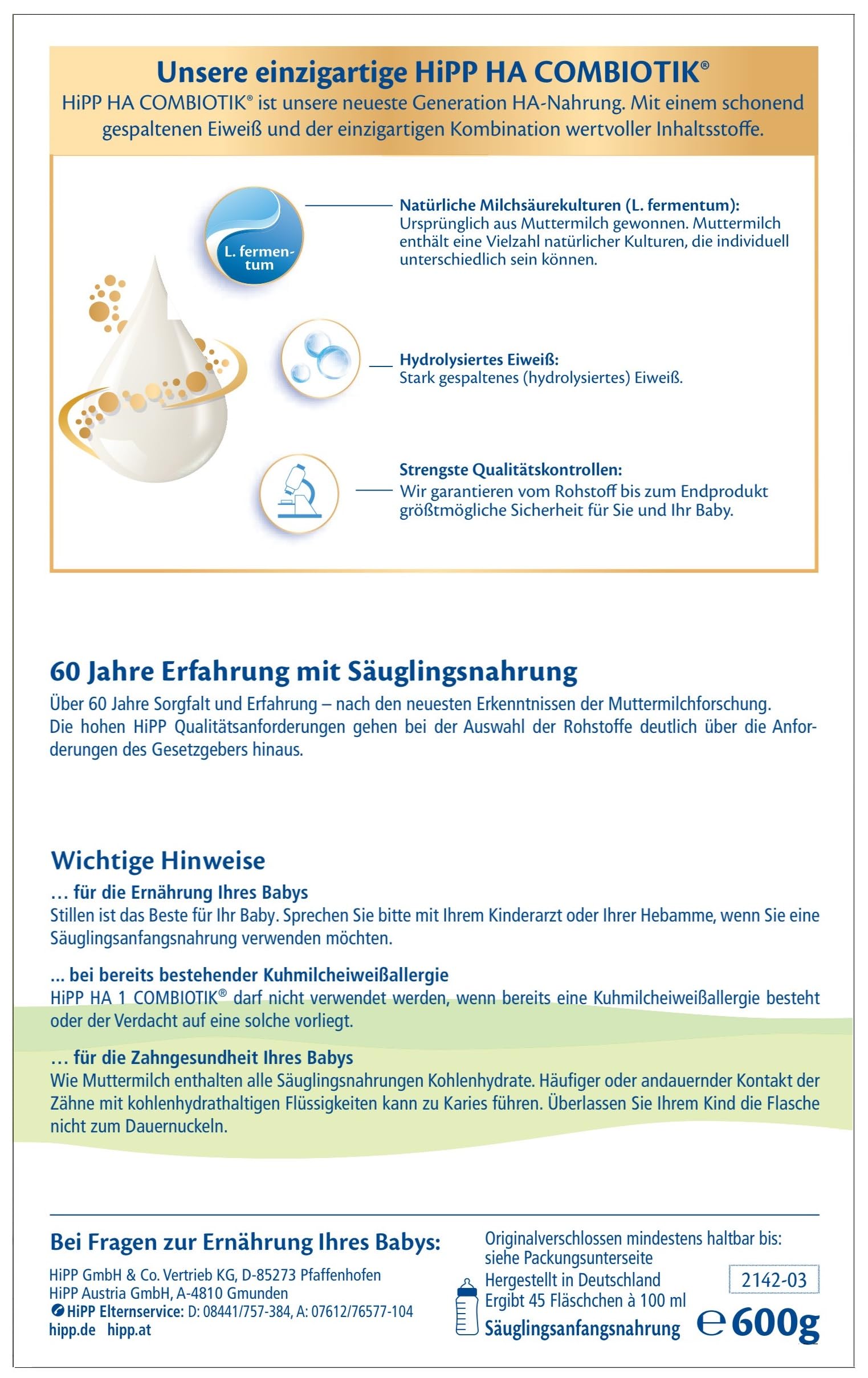 HiPP HA 1 Combiotik (4 x 600g), hydrolysierte Anfangsmilch von Geburt an, mit natürlichen Milchsäurekulturen, für sensible Immunsysteme