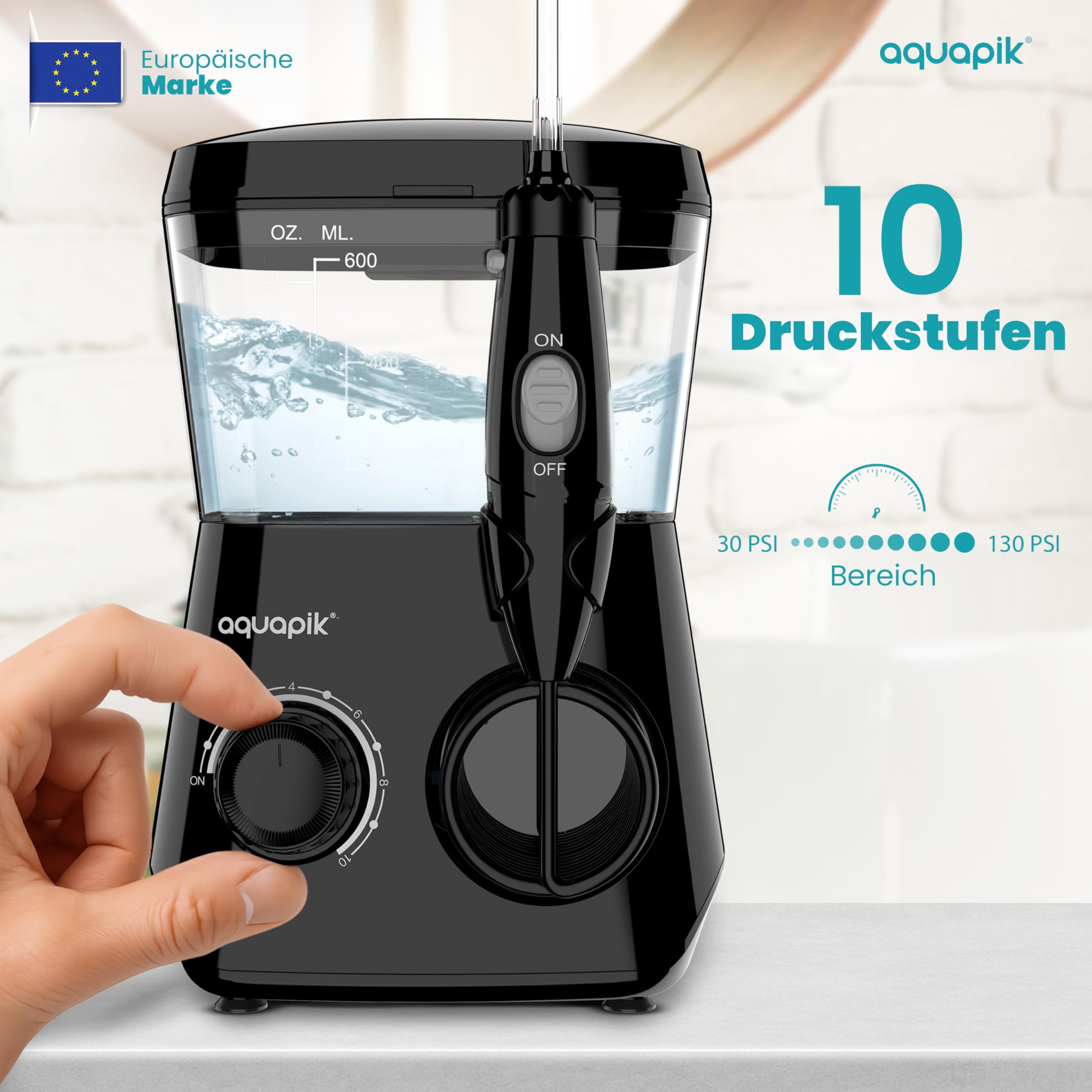 Aquapik® ADVANCED Munddusche | Ideal für Zahnspangen, Implantate und empfindliches Zahnfleisch | Aufhellungs-Kit entfernt Flecken | 10 Druckstufen | 10 Düsen | Von Zahnärzten empfohlen.