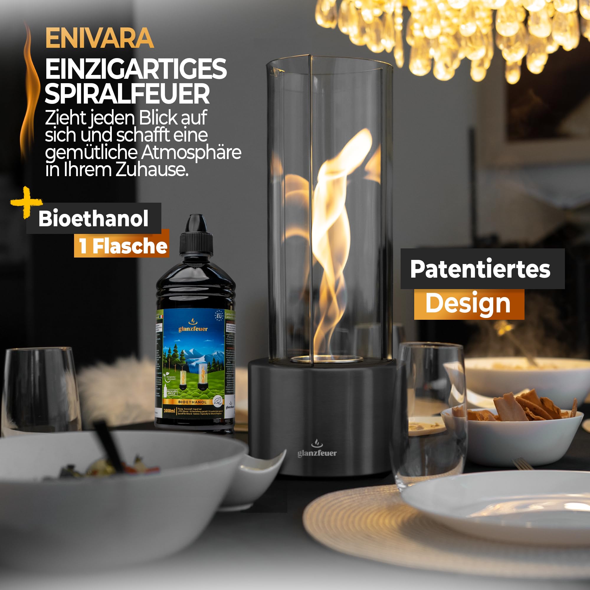 Glanzfeuer Bioethanol Tischkamin Outdoor & Indoor inkl. Bioethanol - Extra Lange Brenndauer mit Wirbelflamme - Tischfeuer Deko - Tisch Kamin Feuer Feuersäule - Garten & Deko Geschenk