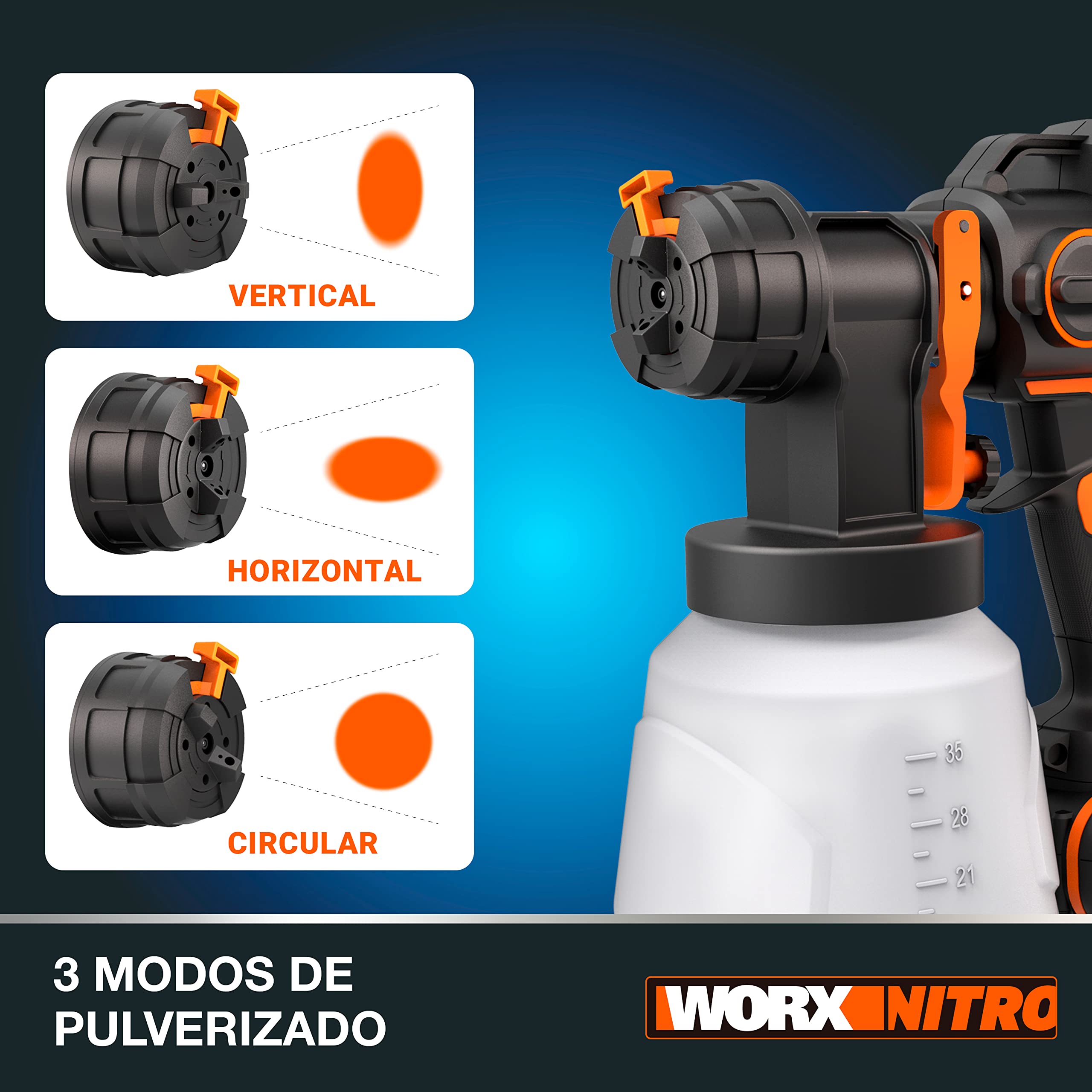 WORX WX020.9 Pistola Pulverizadora de Pintura 20V Brushless 20KPa Sin Batería, Boquillas Múltiples para Paredes, Muebles y Exteriores, Tecnología HVLP