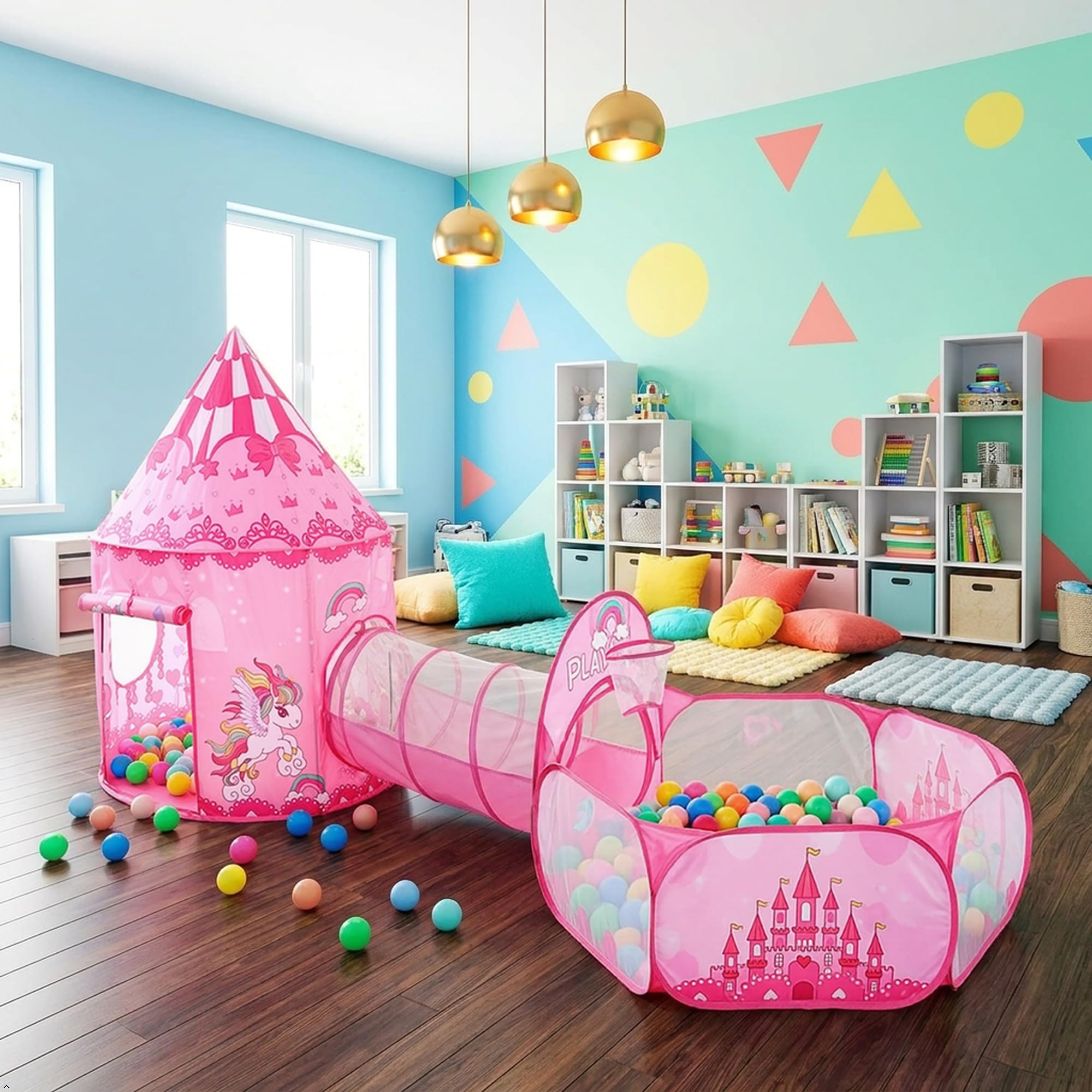 Tienda de campaña Infantil, Castillo Princesa 3 en 1 con Tienda, Túnel y Piscina de Pelotas