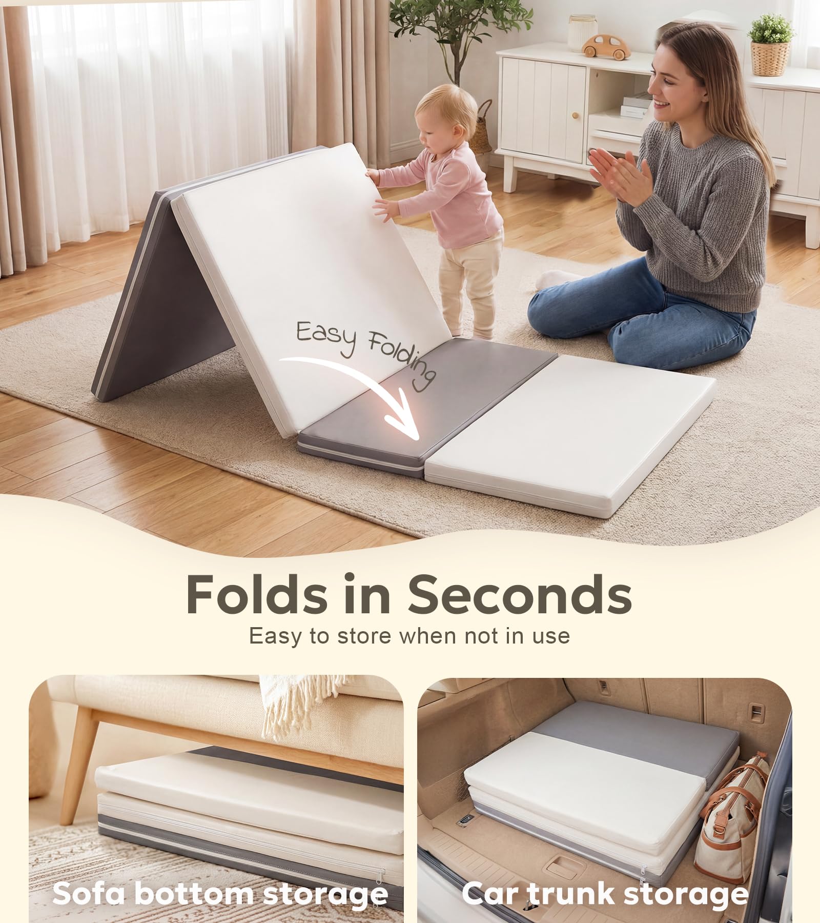Mallify Tappetino da gioco pieghevole, 180 cm x 76 cm di spessore, tappetino portatile e impermeabile, box in pelle PU per neonati e bambini, grigio e bianco