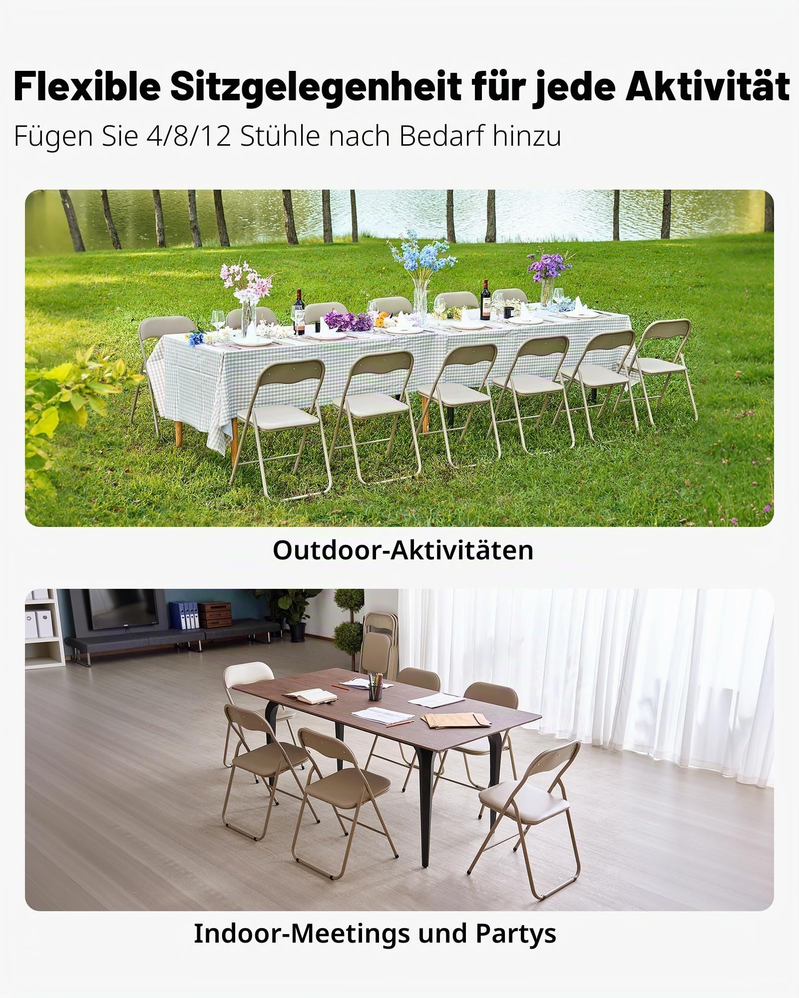 VEVOR 4 STK. Klappstühle Faltbarer Lederstuhl Campingstuhl mit Metallrahmen und gepolstertem Kissen, stapelbare Sitze für drinnen und draußen Khaki