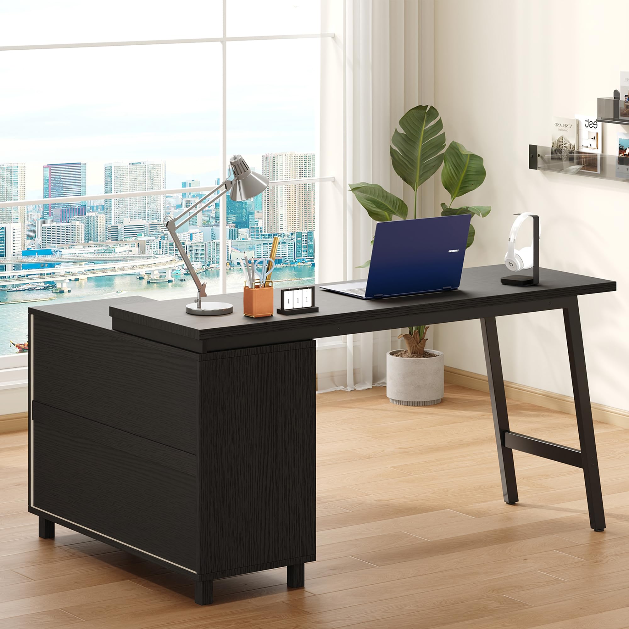 Merax Bureau d’Angle 150 x 100 cm avec 3 Tiroirs et Étagères Ouvertes, Grand Bureau Informatique en L avec Structure Métal, Table de Bureau Moderne pour Télétravail, Étude et Gaming, Noir et Blanc