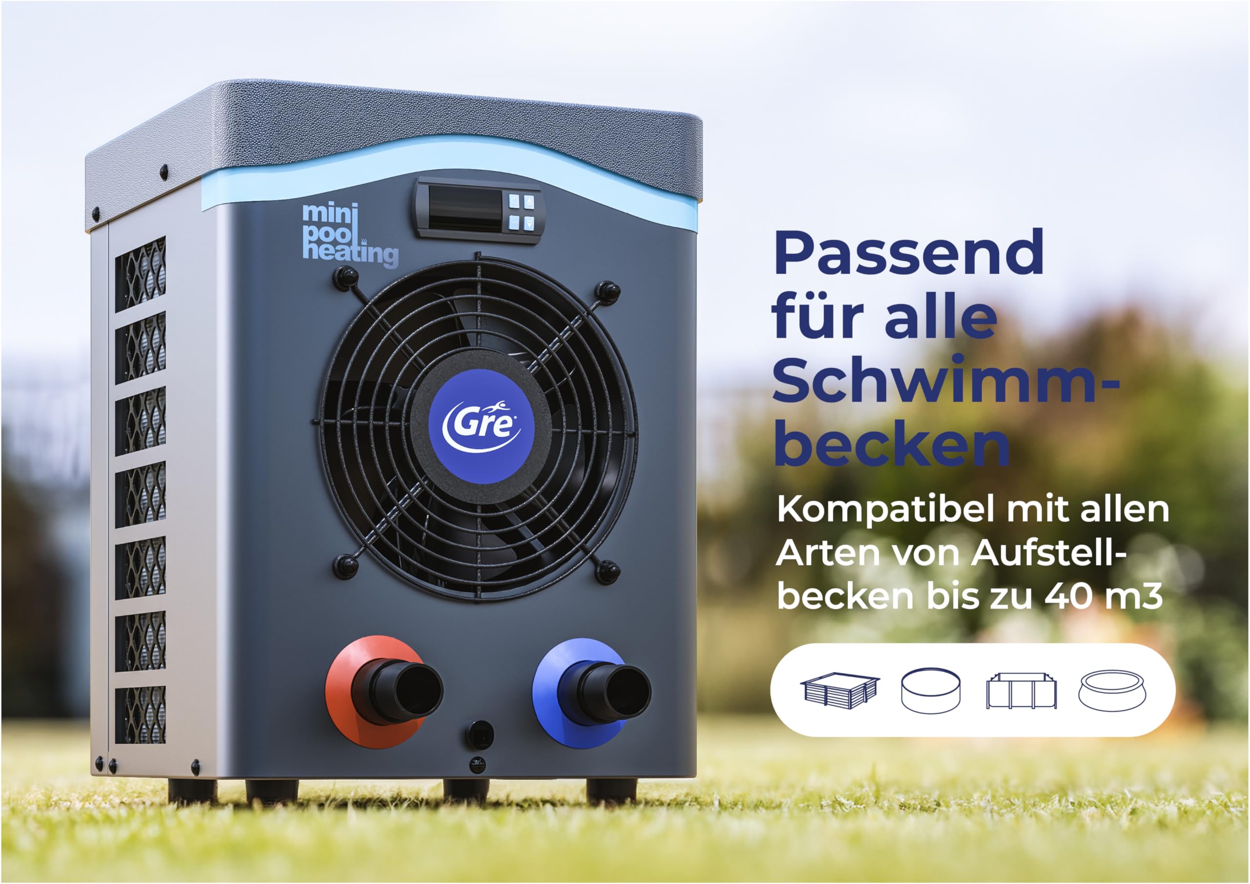 Gre HPM40 - Mini-Wärmepumpe für Aufstellpools bis zu 40 m³, Heizsystem für Aufstellpools, Farbe Grau