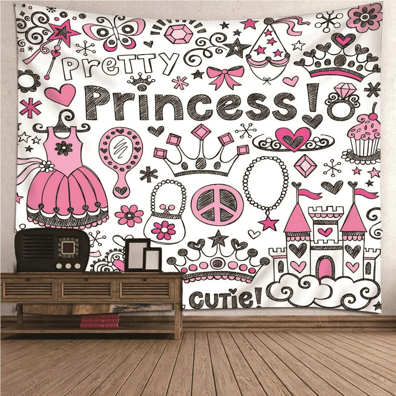 Ethereval Arazzi Da Parete Grandi Tapetto Camera Letto Motivo Della Serie Principessa Carina Tema Cartone Animato Arazzo xxl Abbellimento Bianco Decorazioni Tessuto 350x250cm