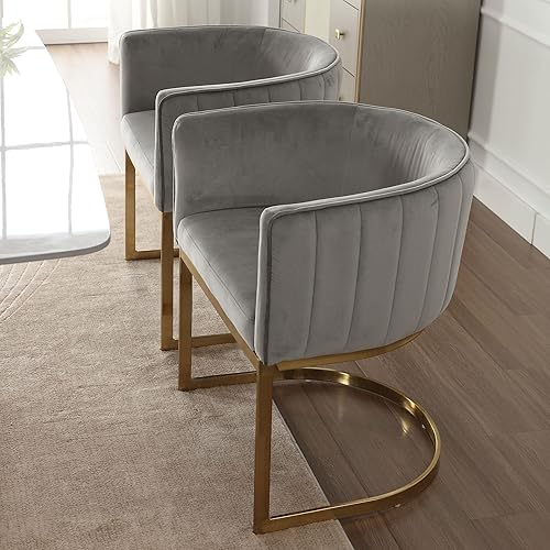 Miniatura 24 de Juego de 2 sillas de comedor modernas de terciopelo contemporáneas para cocina y comedor con brazos, sillas tapizadas de barril con marco de metal