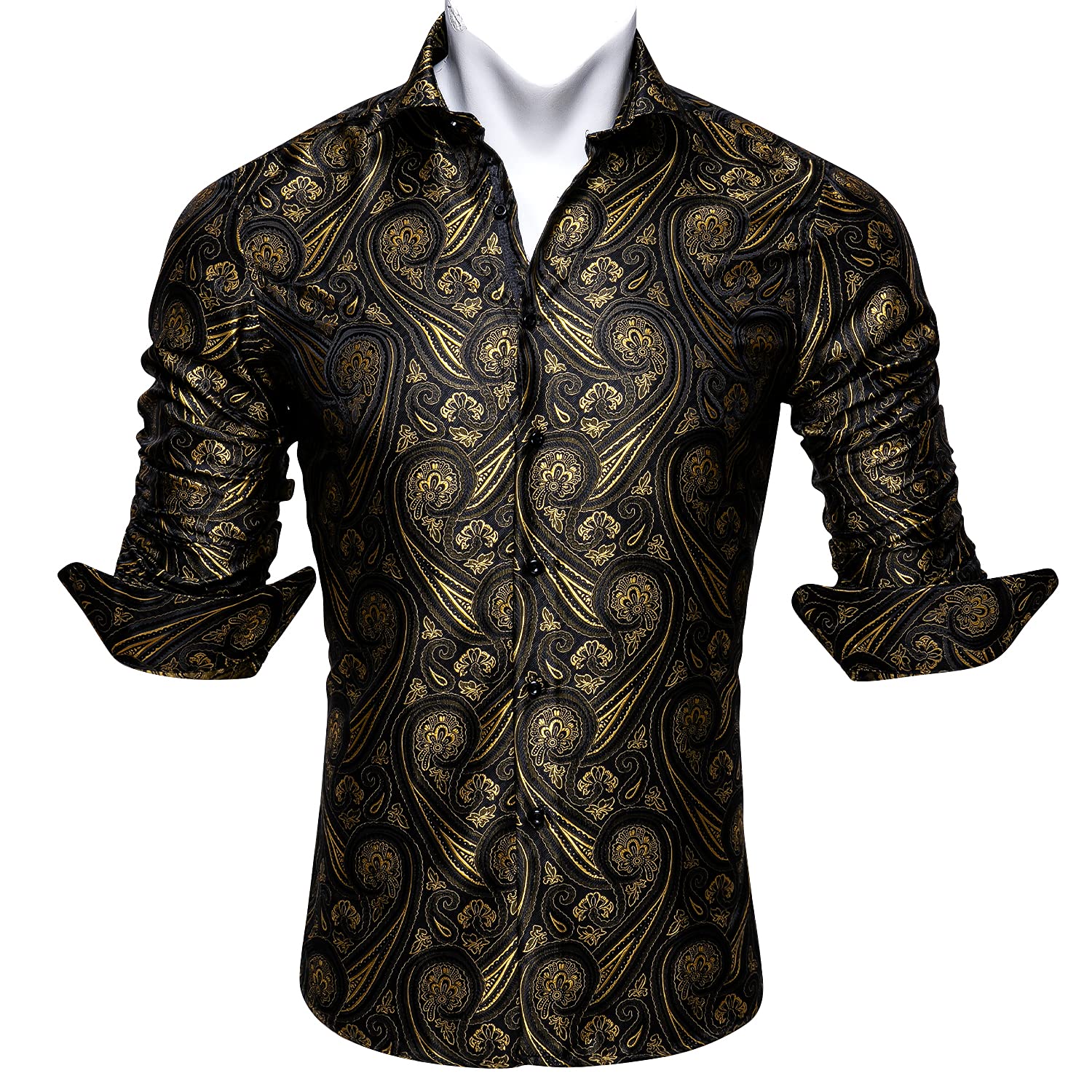 Barry.WangMen Dress Shirts Paisley Silk Long Sleeve Button Big and Tall Down Shirt Fashion Leisure Wedding Party Prom