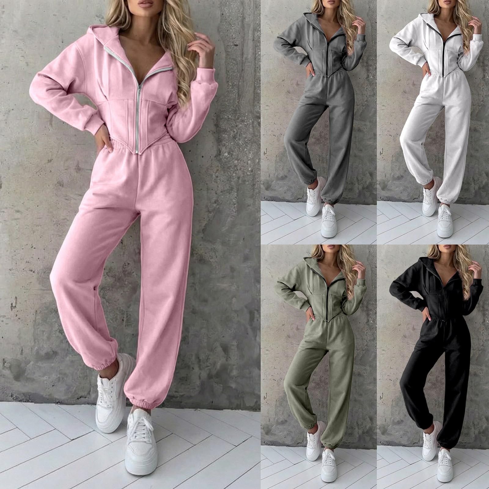 Tuta sportiva da donna, set da 2 pezzi, felpa con cappuccio a maniche lunghe, pantaloni da jogging con polsini, tuta da jogging da donna, tuta da jogging da donna, felpa con cerniera e