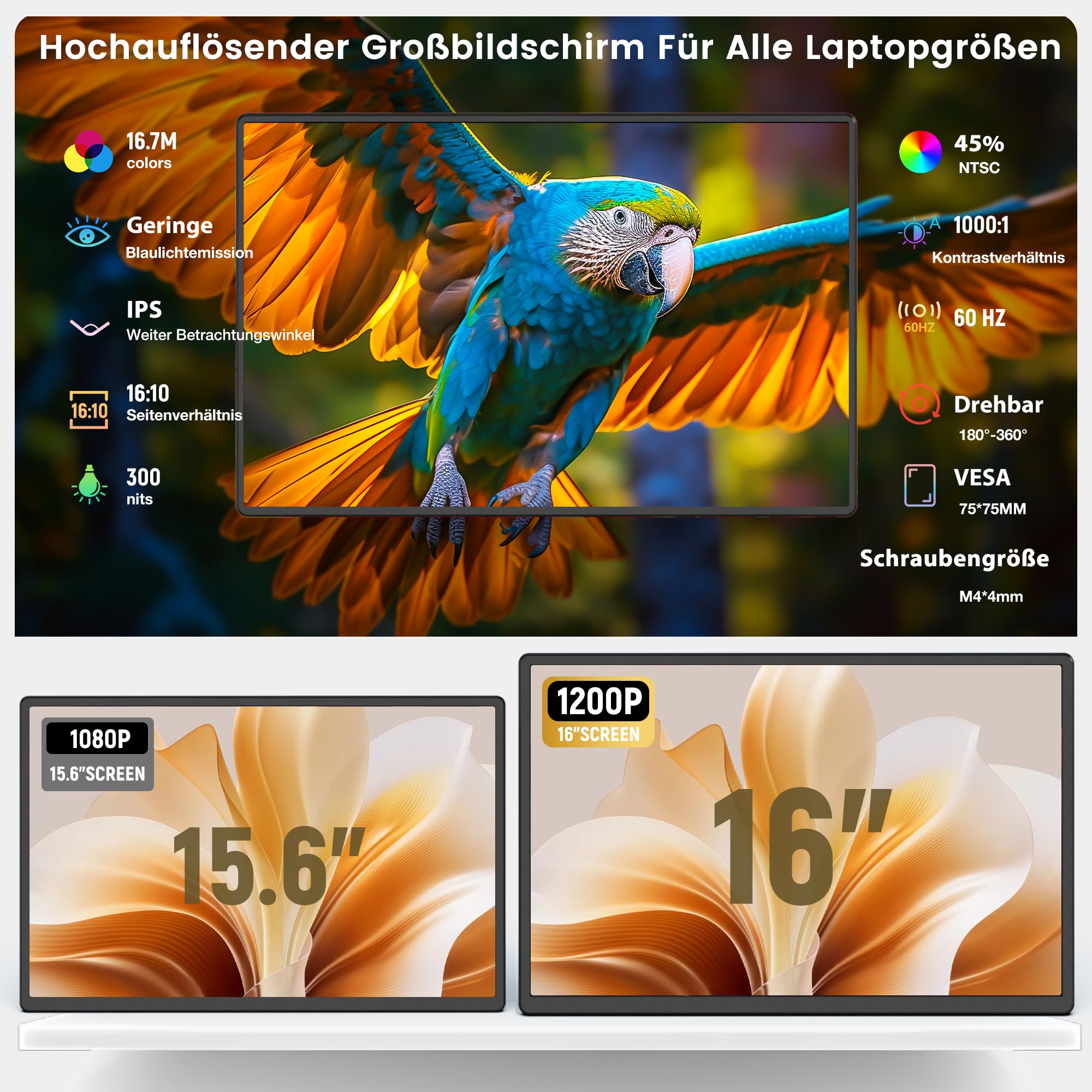 Kwumsy Laptop Bildschirm Erweiterung 16 Zoll,Tragbarer Monitor für Laptop, Full HD IPS Portable Monitor, Ultradünner Zero-Frame Display Monitor, Drehbarer & Abnehmbarer Ständer, VESA-Montierbar