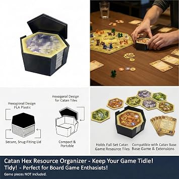 Resource Hex Tile Organizer Storage Box with Lid - Compatible with Settlers of Catan Board Game (Black)