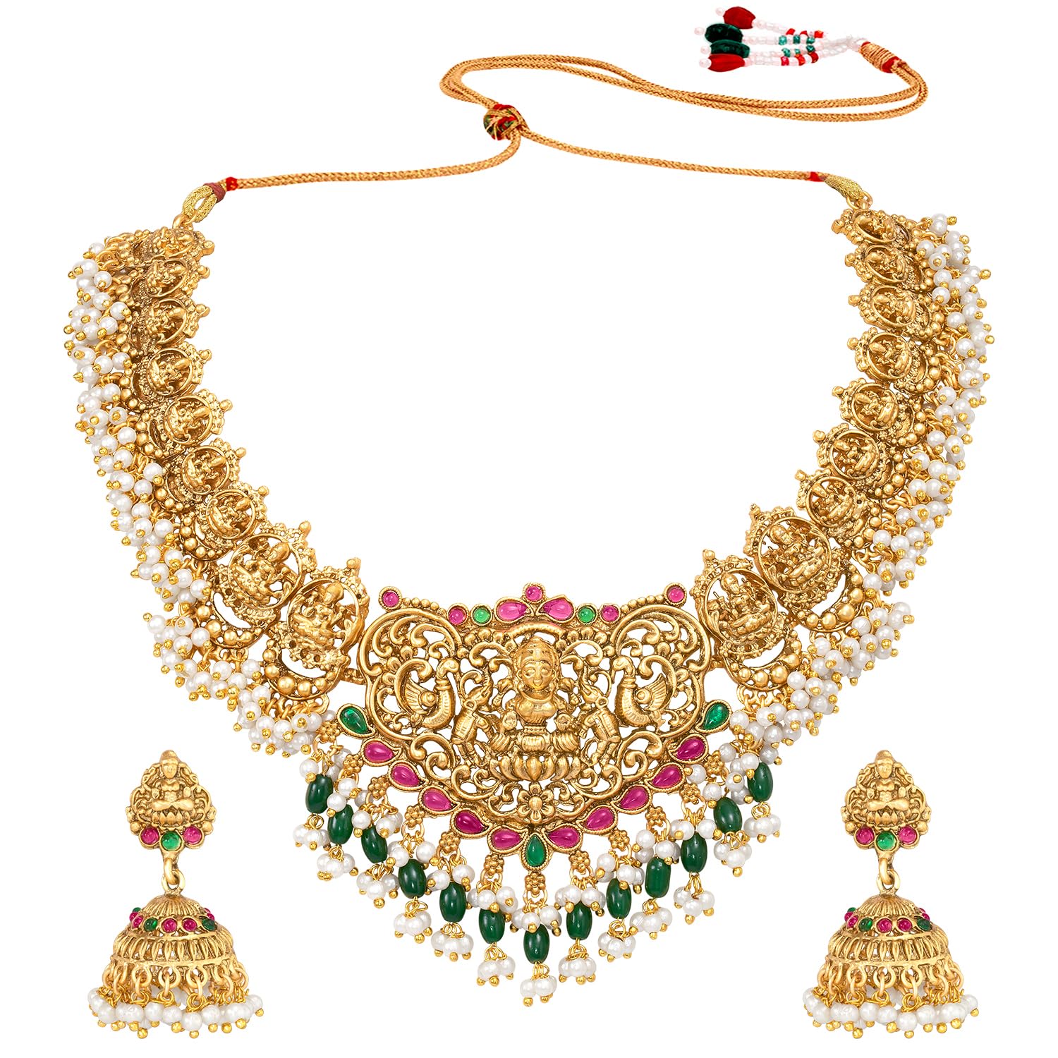 AheliLariya Pearl Kundan Necklace Set with Temple Design and Earrings