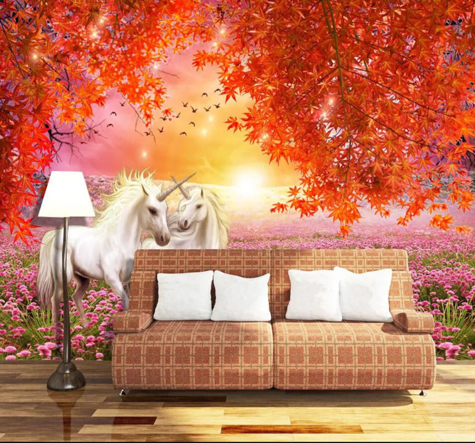 Elegant Dreamlike White Horse Maple Leaves Sunset 3D Wallpaper Easy Install Feature Office Living Room Sofa Bedroom TV Background Wall Decoration-430cm×300cm