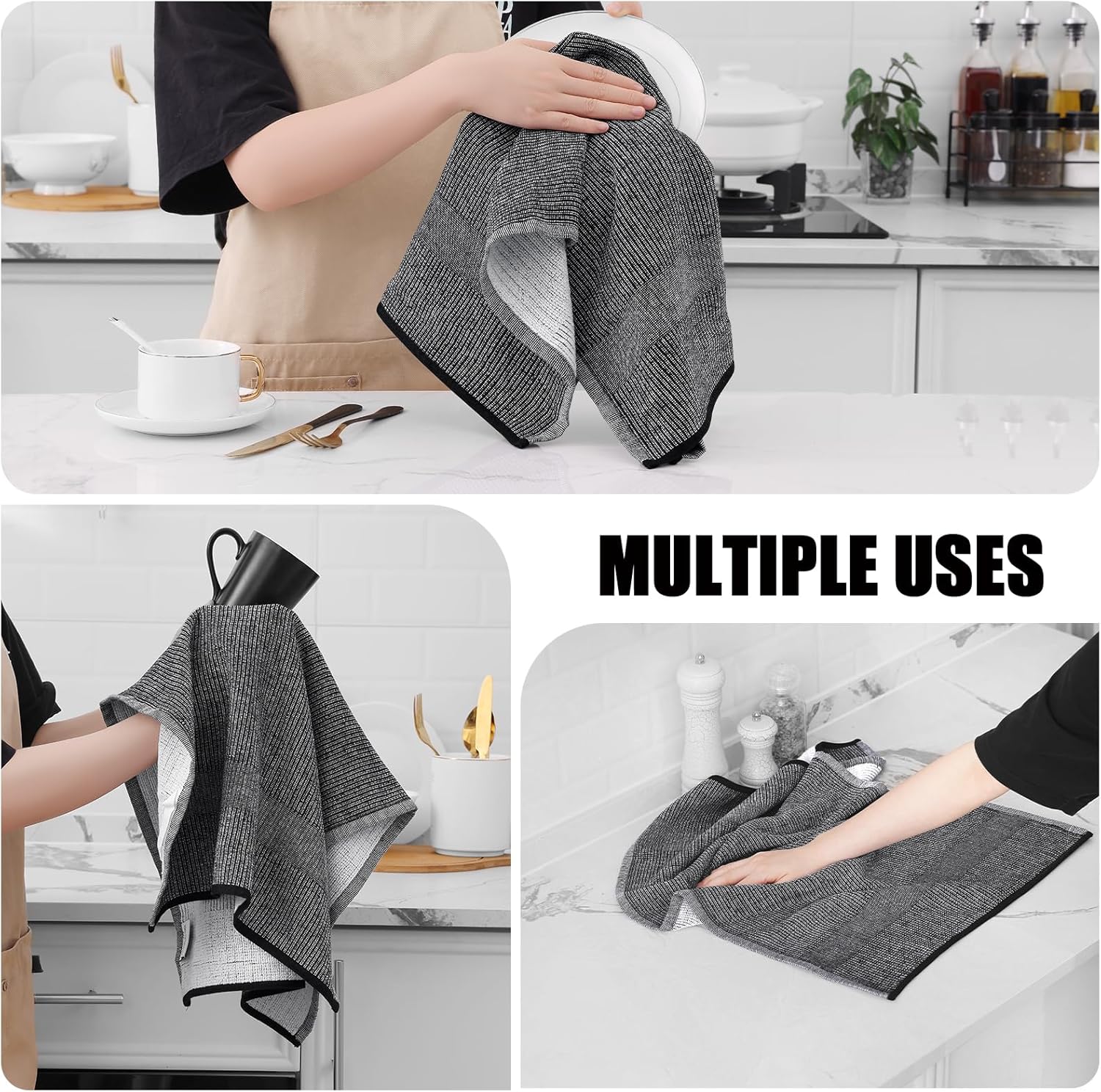 Homaxy Premium Kitchen Towels(18”x 28”, 6 Pack), Large Cotton Kitchen Hand Towels, Flat and Terry Dish Towels, 380 GSM Highly Absorbent Tea Towel Set with Hanging Loop, Black - Image 4