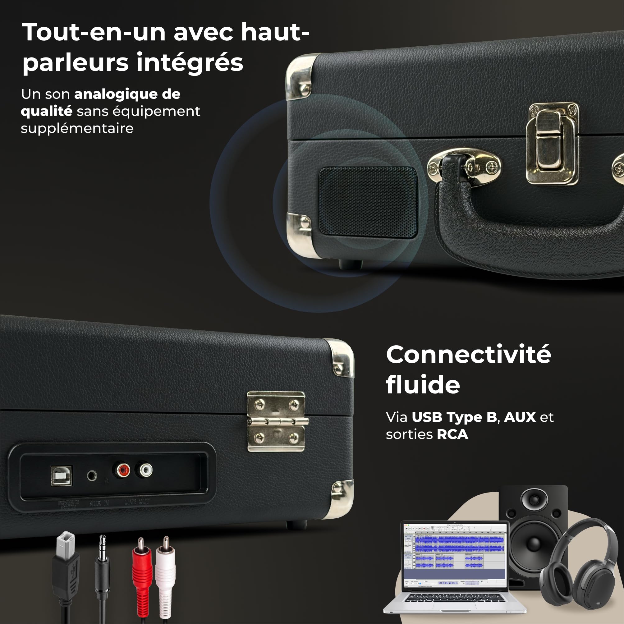 Denver VPL-120BLACK Platine Vinyle rétro 3 Vitesses 33/45/78 TR/Min, Haut-parleurs intégrés, Enregistrement USB vers PC, Noir