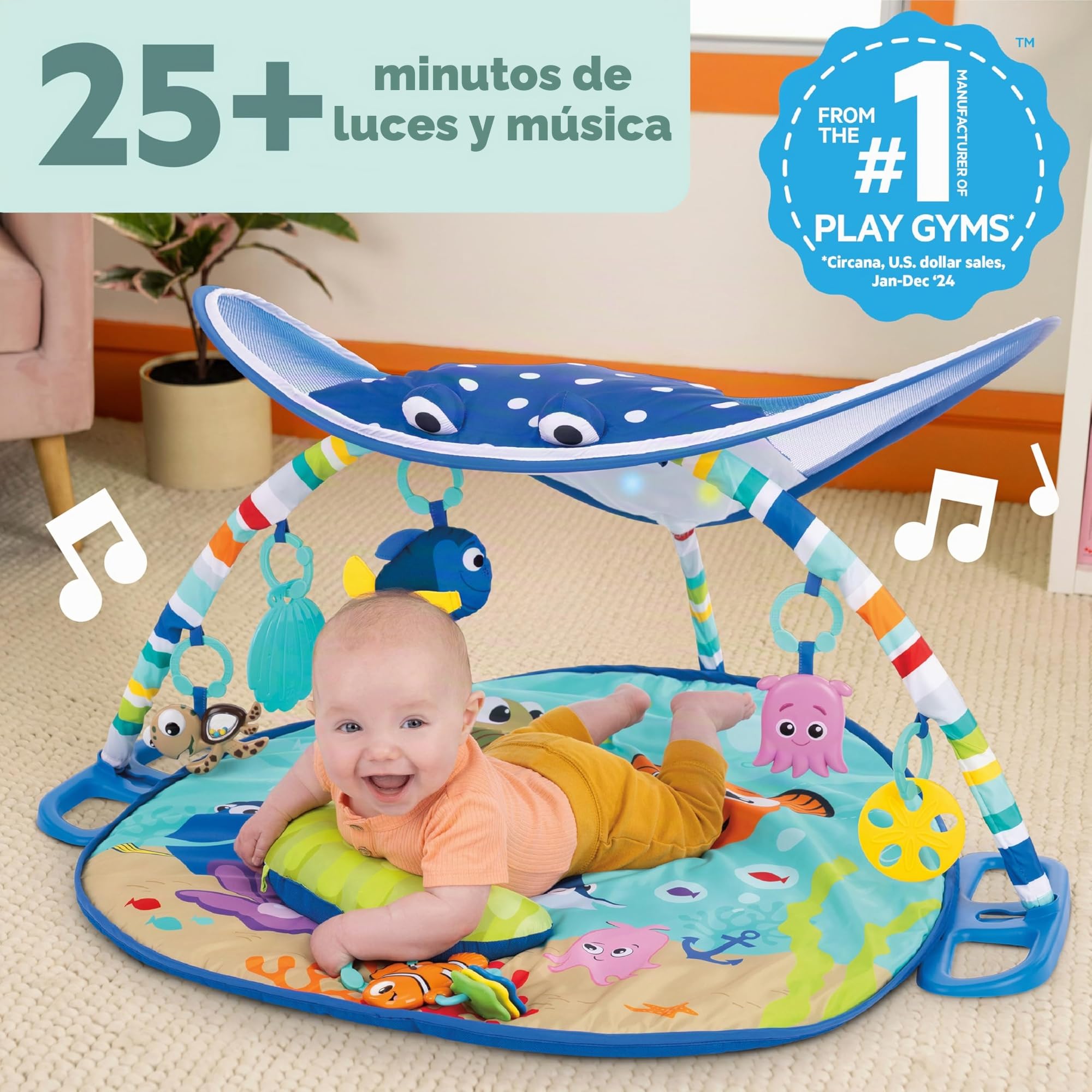 Bright Starts, Disney Baby, Gimnasio y Manta de Actividades para bebé Buscando a Nemo - 20+ min de luces y música, arco de juego, 5 juguetes extraíbles, desarrollo motriz, azul, desde recién nacido