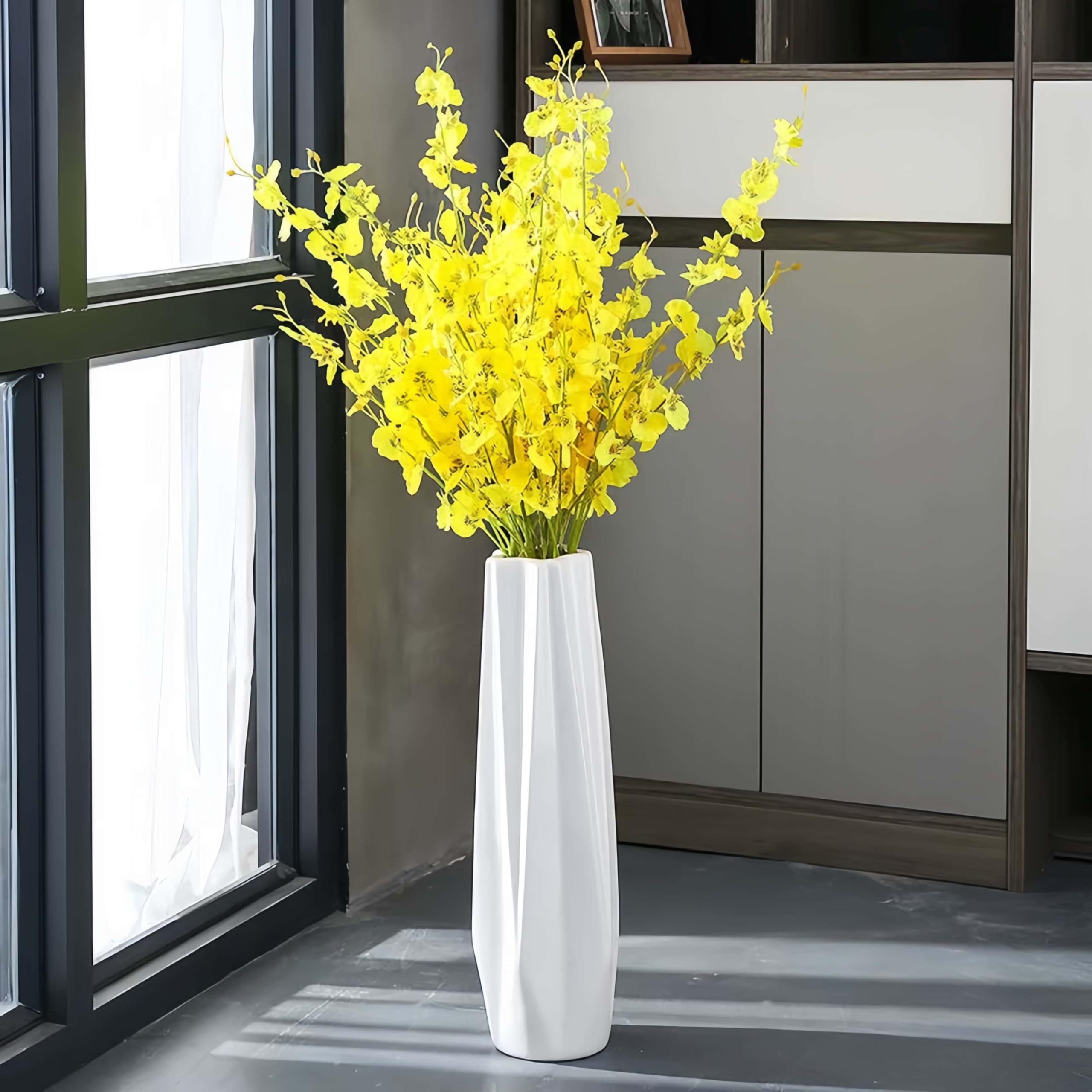 Hoge vloervaas,80 cm moderne grote vloer keramische bloemenvaas,handgemaakte witte vaas voor woonkamer,keuken,kantoor,slaapkamer,entree,decoratieve twijgen en bloemen (afmetingen: 80x28cm