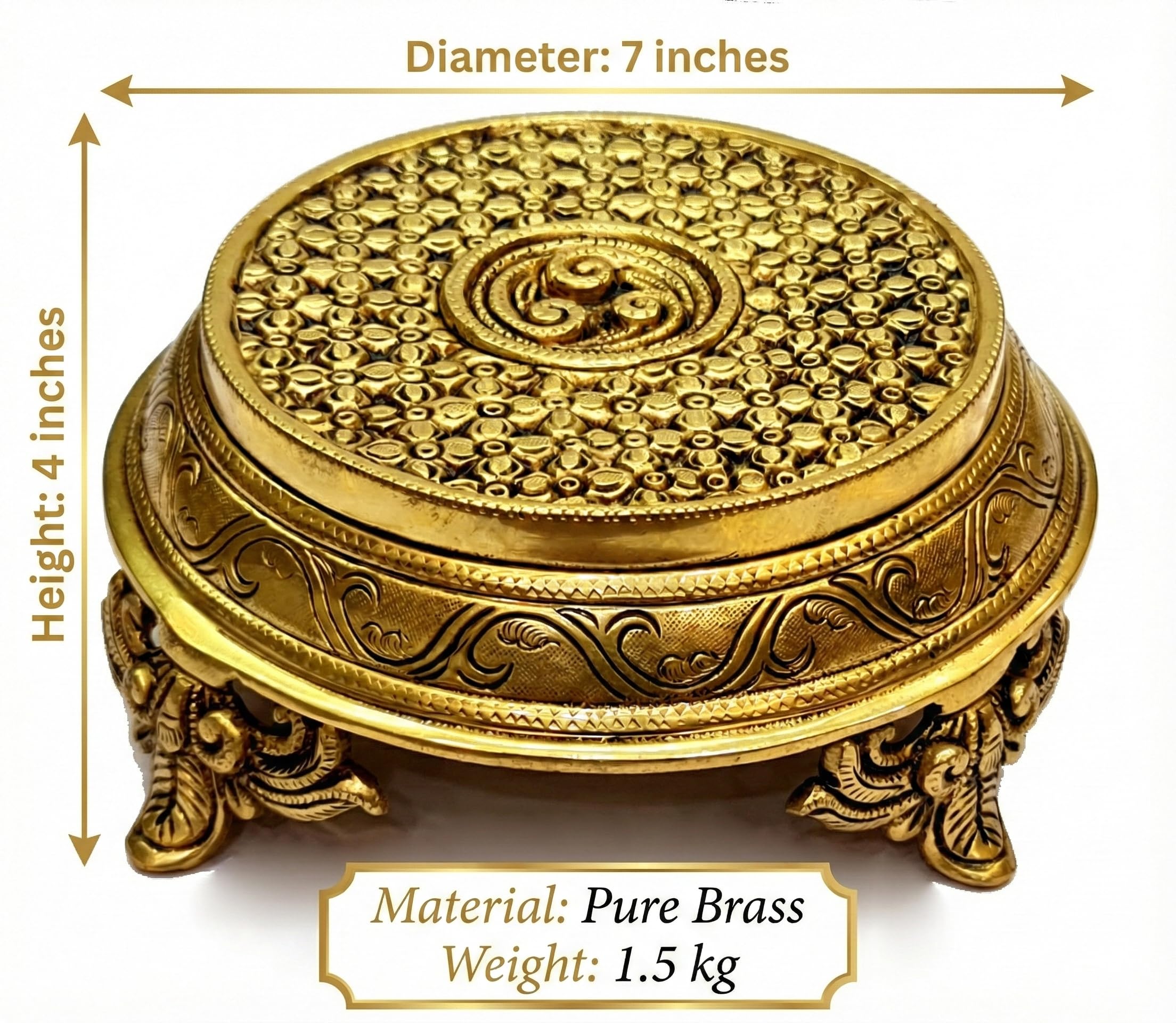 ESPLANADE Brass Engraved Pooja Chowki – Antique Peetha God’s Stool, Lotus Design Handcrafted Brass Patla for Home Pooja Mandir (Round) 2