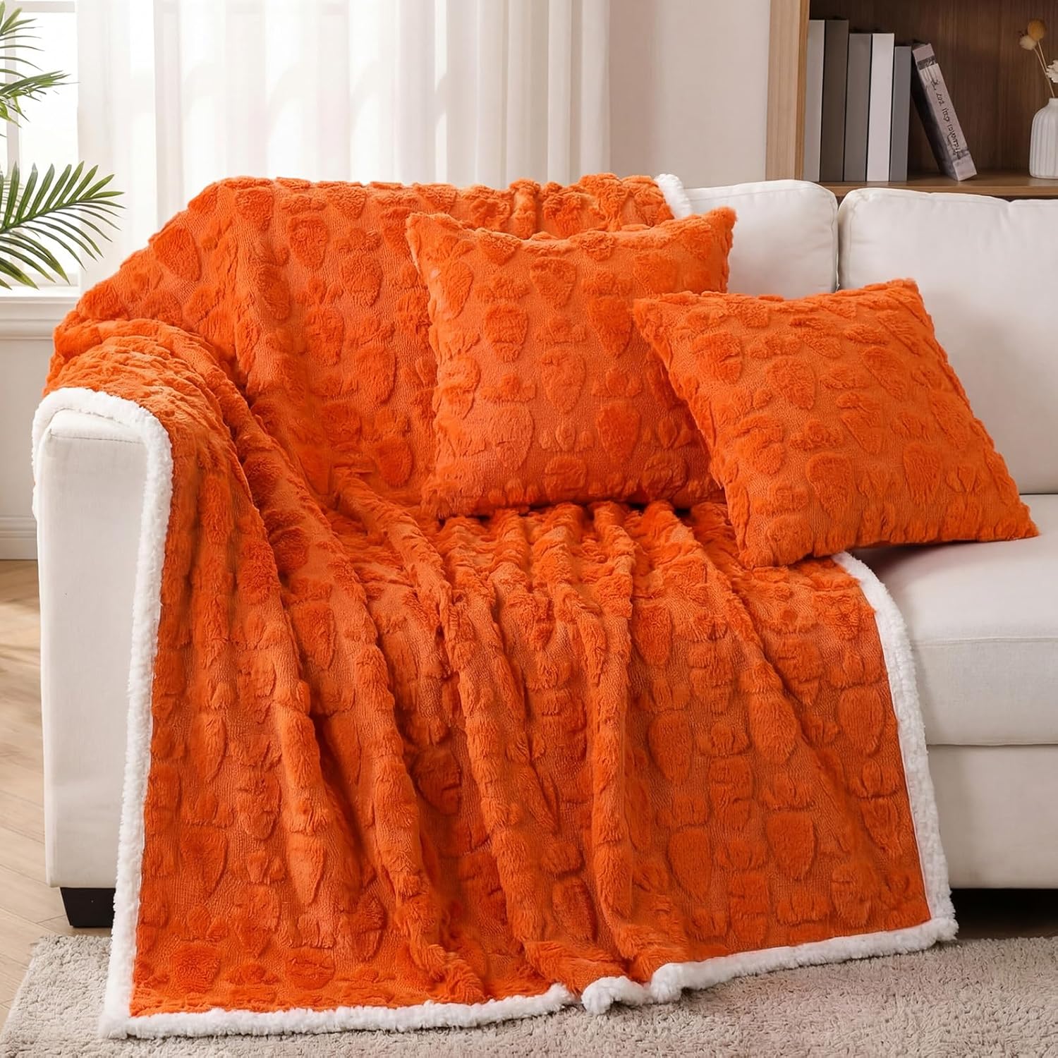 Moukeren 3 Pack Easter Carrot Throw Blanket and Pillow Covers Set 50 x 60 Inch 3D Orange Carrot Jacquard Soft Plush Spring Easter Gifts for Home Sofa Couch Bed Travel Holiday Decor