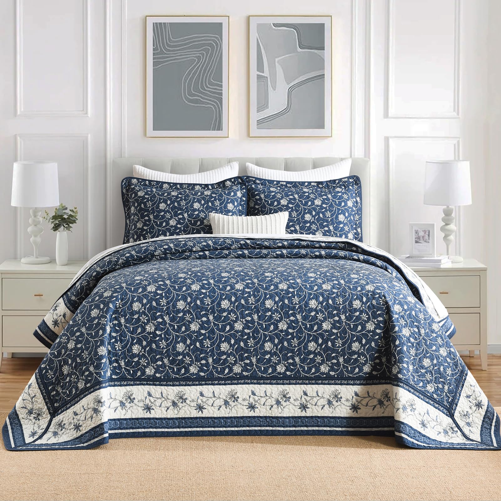 DDUOXIN Oversized King Bedspread 128"x120" - 100% Cotton Reversible California King Quilt with 2 Pillow Shams, Floral Botanical Bedspreads Coverlet