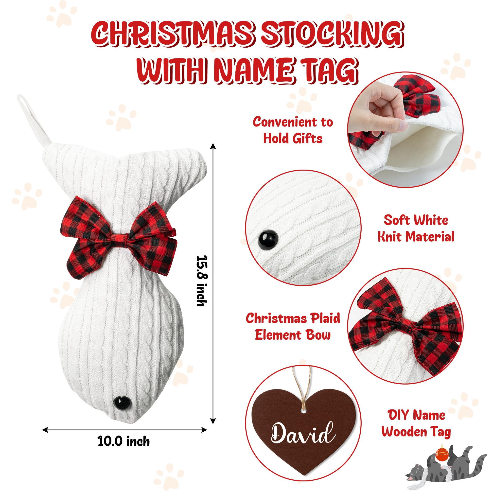 WATINC Lot de 3 grandes chaussettes de Noël personnalisées en forme d'os avec étiquette en bois pour animal de compagnie, chat à suspendre pour réveillon de Noël, cheminée, arbre de Noël, décoration