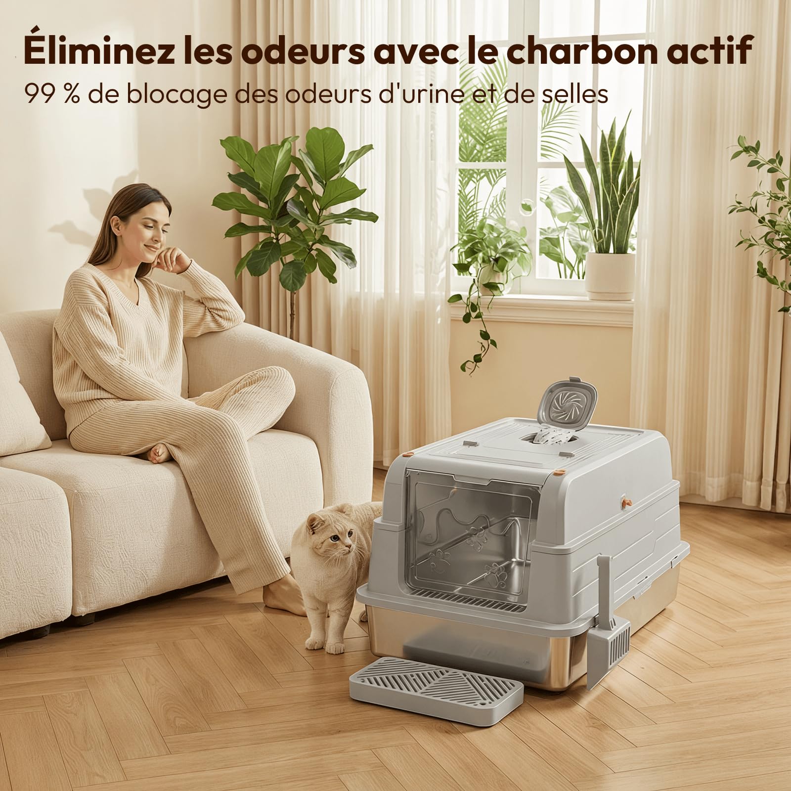 JUMMICO 120L bac à litière pour Chat XXXL, bac litière pour Chat en Acier Inoxydable 3 en 1 (Ouvert/Semi-fermé/fermé) avec Couvercle Rabattable 150°, Anti-Rayures et Anti-fuites, Plateau Anti-Sable