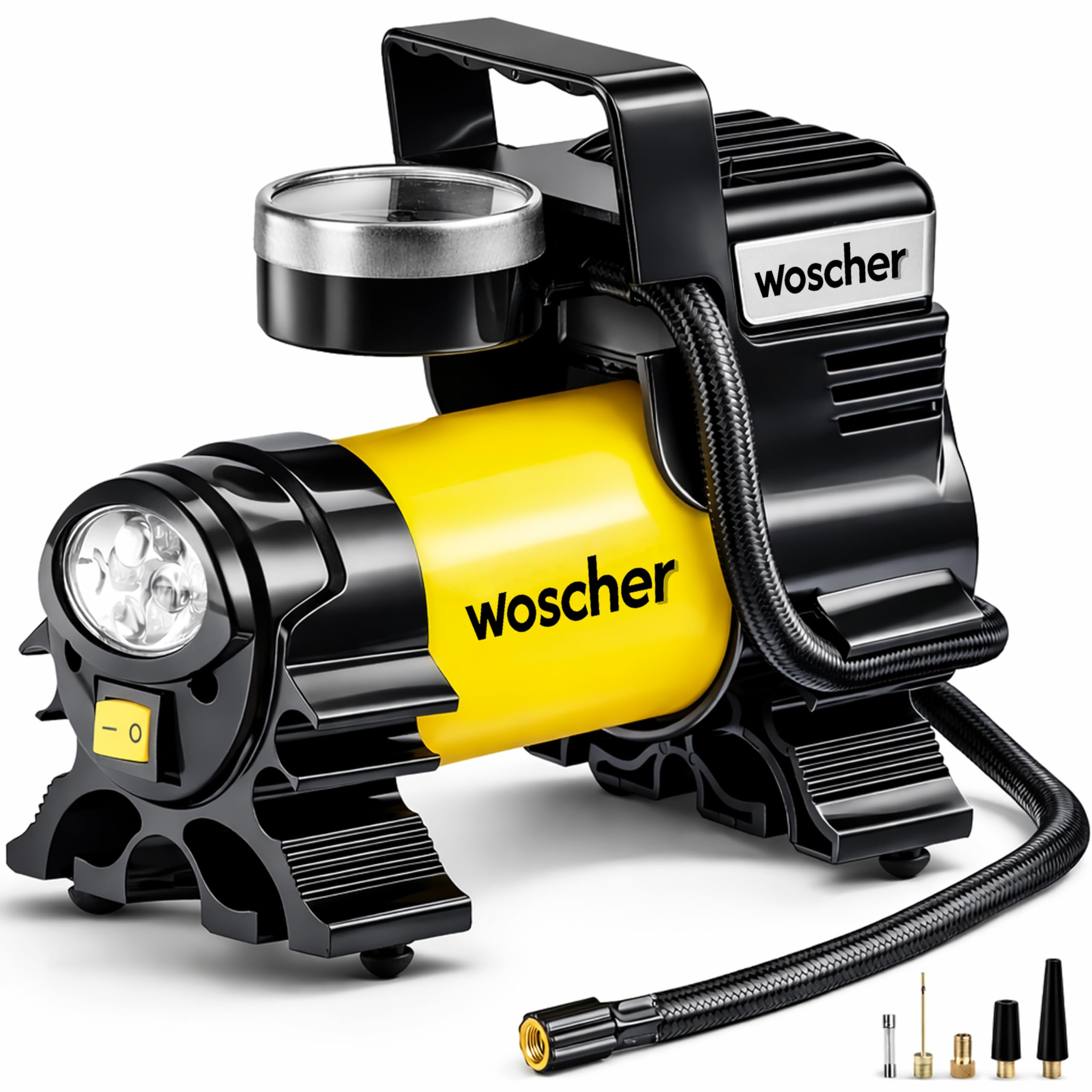 Woscher Boltflow 100% Copper Motor Tyre Inflator for Car and Bike, Air Pump for Car Tyre | 12V DC Superfast 150 PSI Inflation | Metal Body, Emergency LED Light, Bag | Tyre Inflator Kit | 2 Yr Warranty