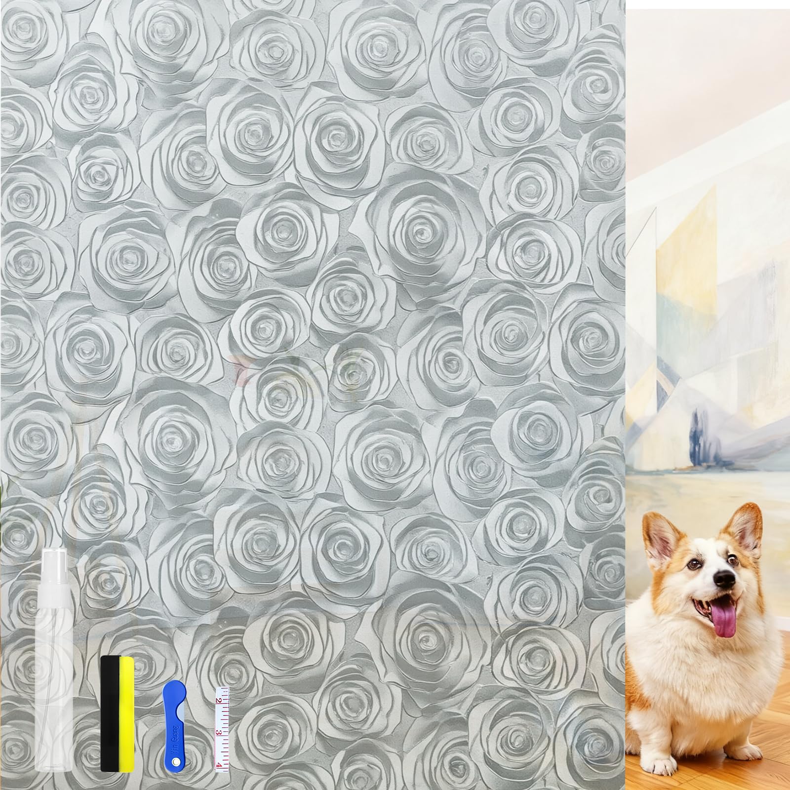 OFHome Fensterfolie Blickdicht Weiße Blumen Motiv Statisch Haftenden Sichtschutzfolie Sonnenschutz Glasaufkleber ohne Klebefolie Folie für Badezimmer Küche Büro 60x200cm