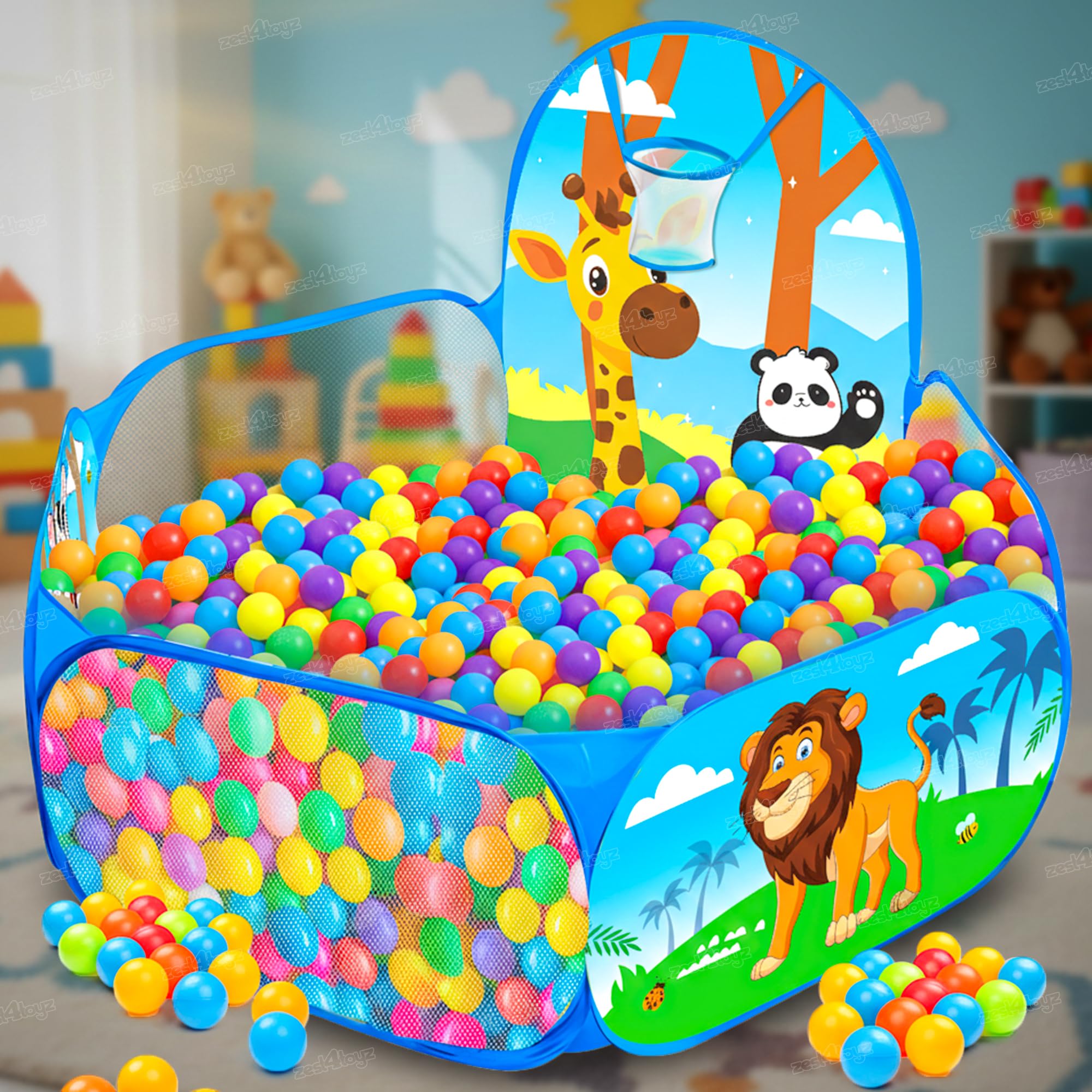 Zest 4 Toyz Ball Pool for Kids Play Pit with Fun Animal Design Indoor and Outdoor Playpen with Basketball Hoop Foldable Play Pool for Boys and Girls (20 Balls Included)-Jungle Themed-image-42