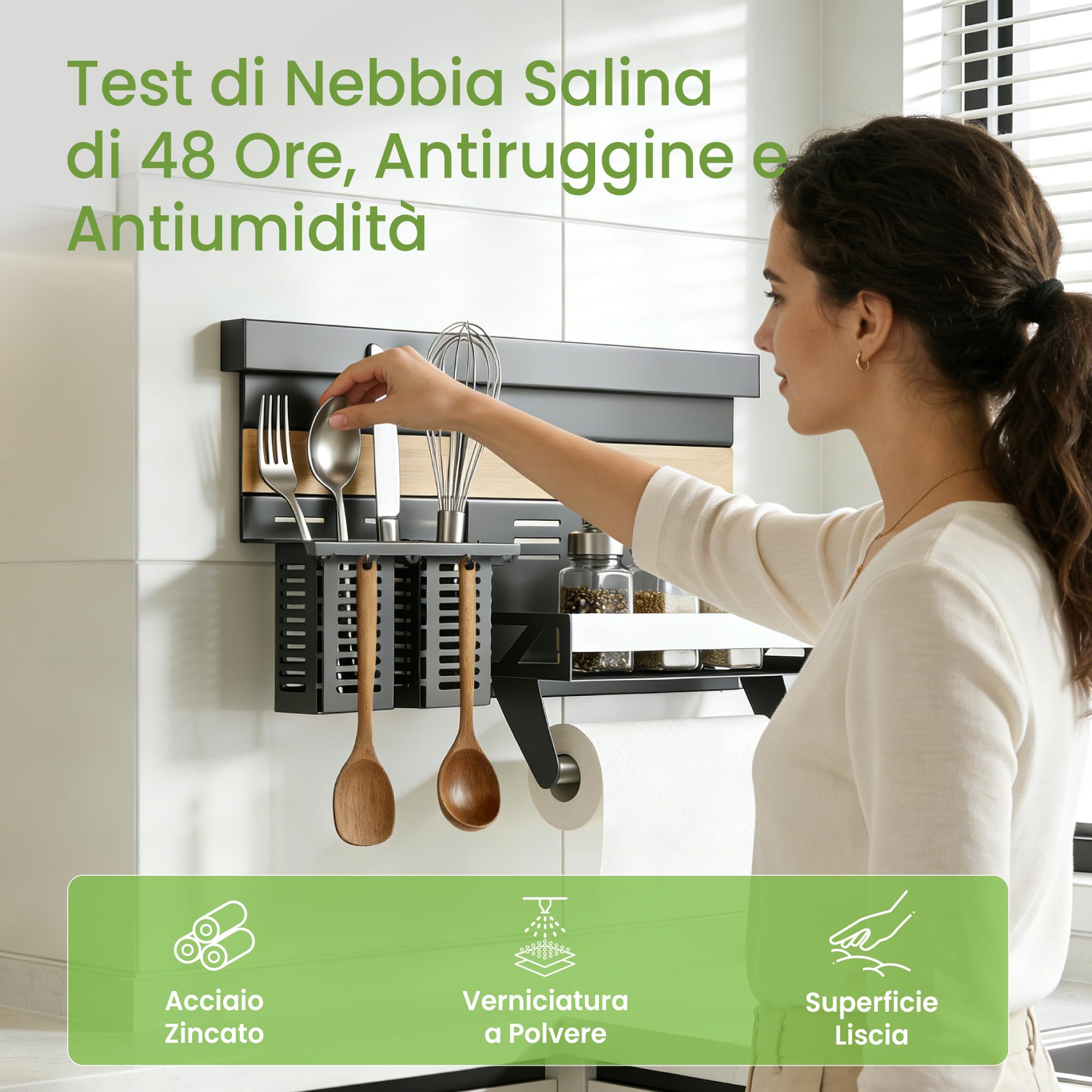 Mai & Mai Porta Spezie e Porta Mestoli da Cucina in Lamiera Zincata, Portaspezie con Porta Rotolo, Portautensili con 5 Ganci, Grigio, da Appendere con Guide, Reglo-10+Reglo-12
