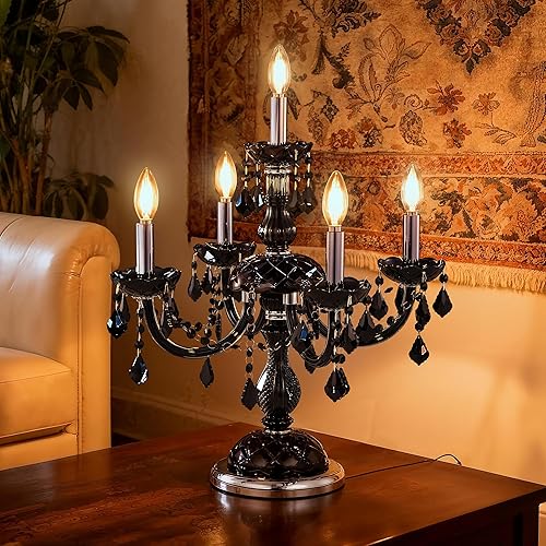 Miniatura 5 de TOCHIC Lámpara de mesa moderna, lámparas de noche de cristal negro para dormitorio, 5 luces góticas para mesitas de noche, lámparas de renacimiento