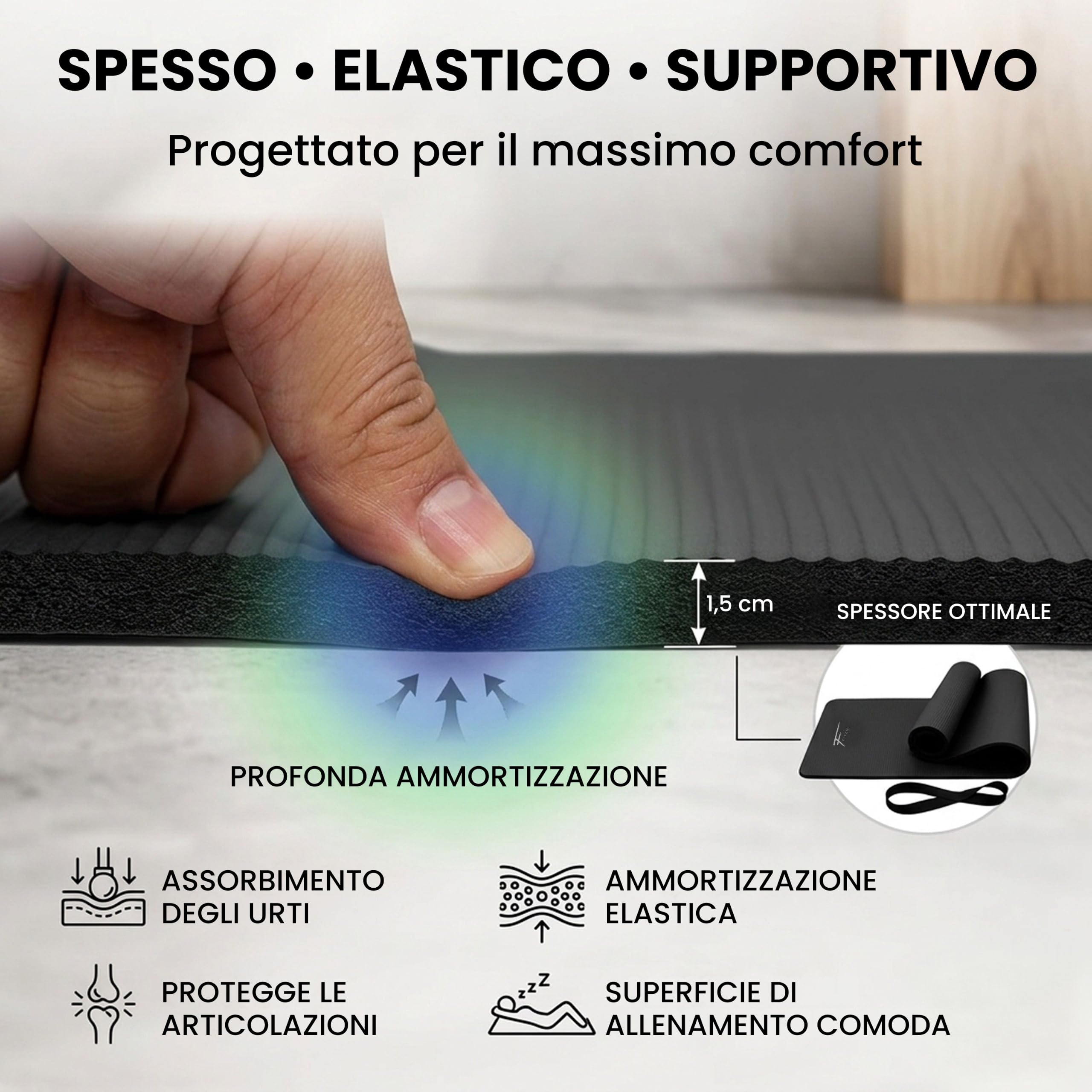 Tappetino Fitem Ultra-spesso in Comoda Schiuma ad Alta Densità NBR-183x60x1,5 cm o 1 cm-ideale per Ginnastica-Yoga-Sport-Palestra-Fitness-Pilates-Body building-Include Cinghia di Trasporto