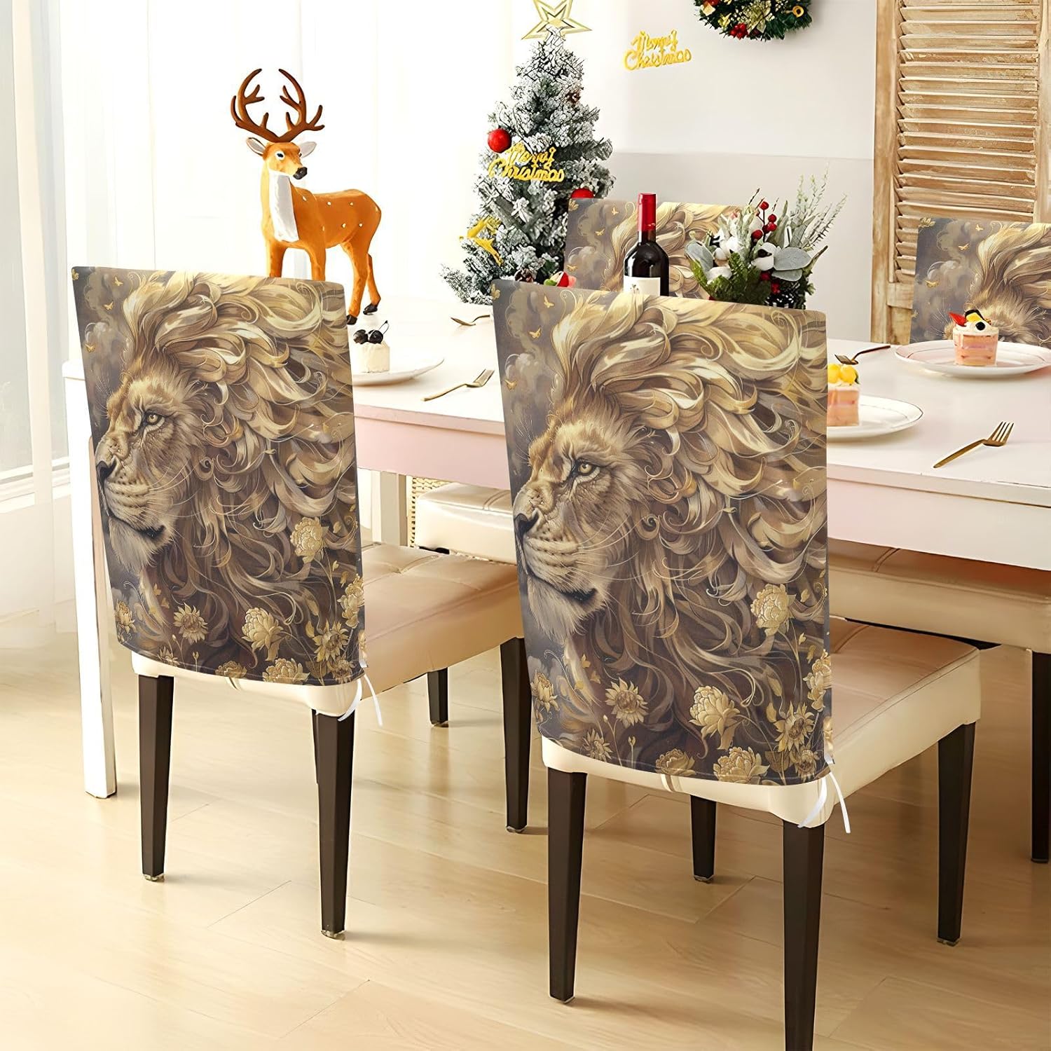 ALAZA Lion and Flowers Chair Back Cover Set of 6, Washable Reusable Removable Chair Slipcovers Decorative Chair Cover for Home Kitchen Wedding Party