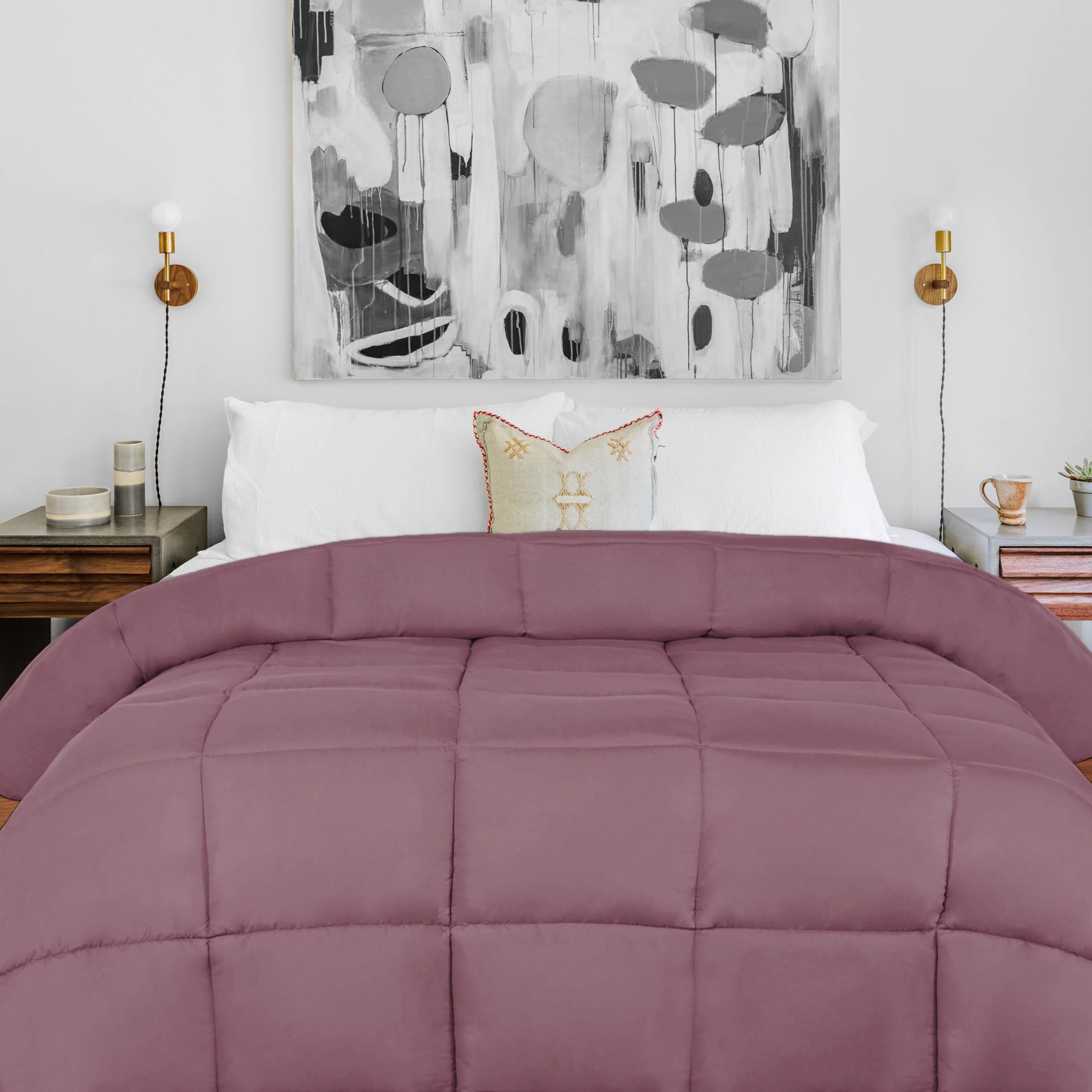 Superior Brushed Microfiber Solid Comforter, Down Alternative Bedding, Reversible, Medium Weight, Fluffy, Decorative, Duvet Insert, Oversized Blanket, Box Quilt Design, Full, Mauve