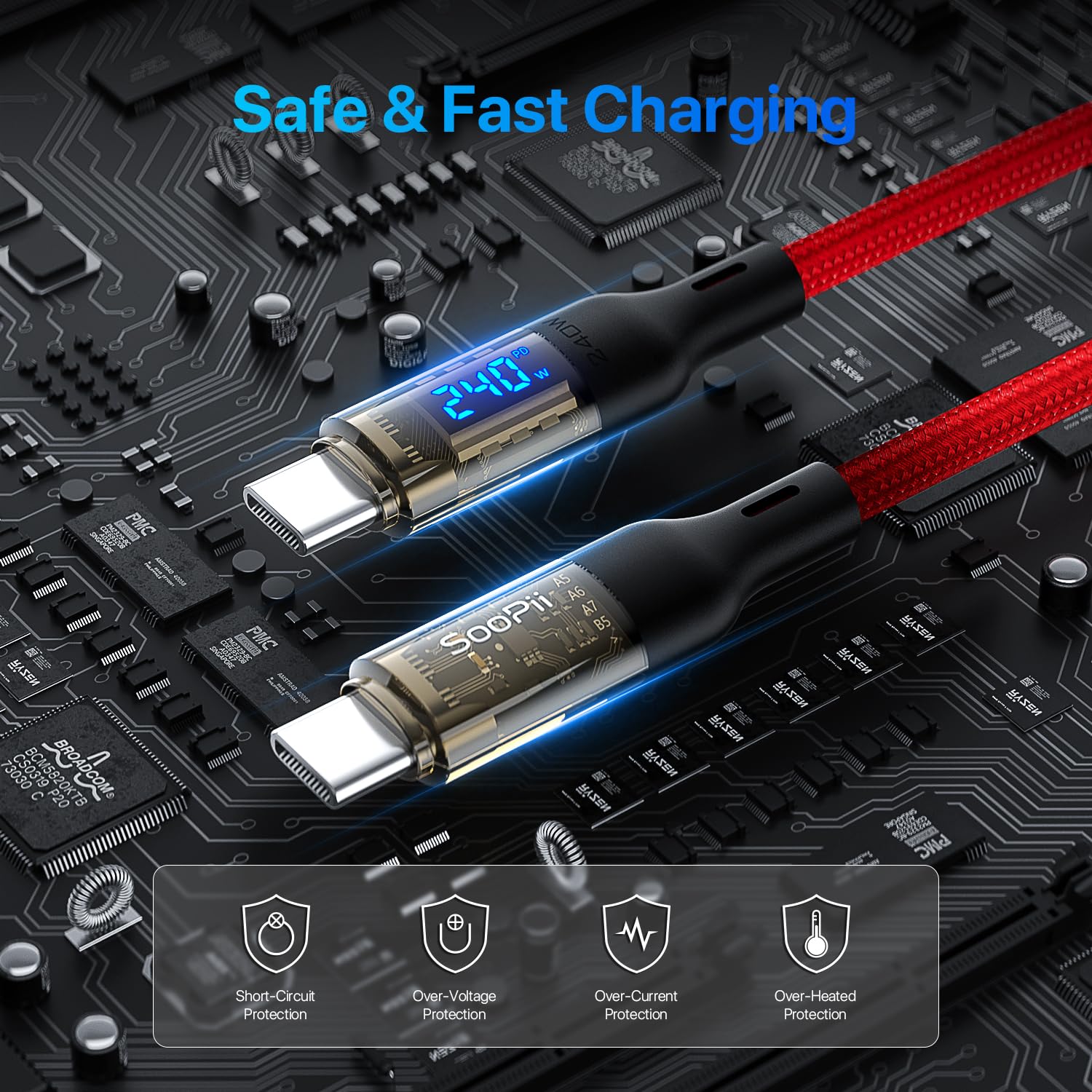 SOOPII Cable USB C a USB C [240 W 10 pies], cable USB C de carga rápida con pantalla LED para MacBook Pro, lPhone16/15/15Pro/15ProMax, Galaxy S23+/S23 Ultra/S22 Ultra, etc. Carcasa transparente (rojo