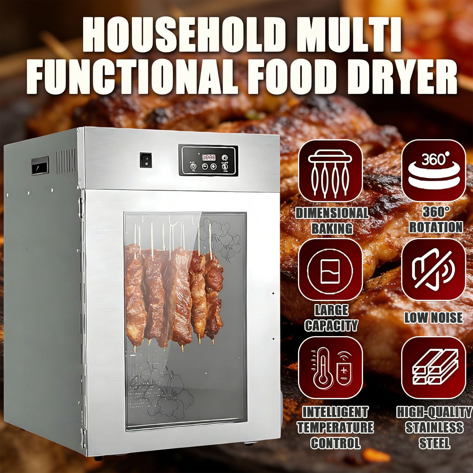 360° Drehbarer Fleischtrockner, Reifeschrank Für Fleisch, Mit 14 Haken, Temperaturregelung Von 30-90℃ / 24-Stunden-Timer, Edelstahl, Für Trockenfleisch, Speck, Würstchen
