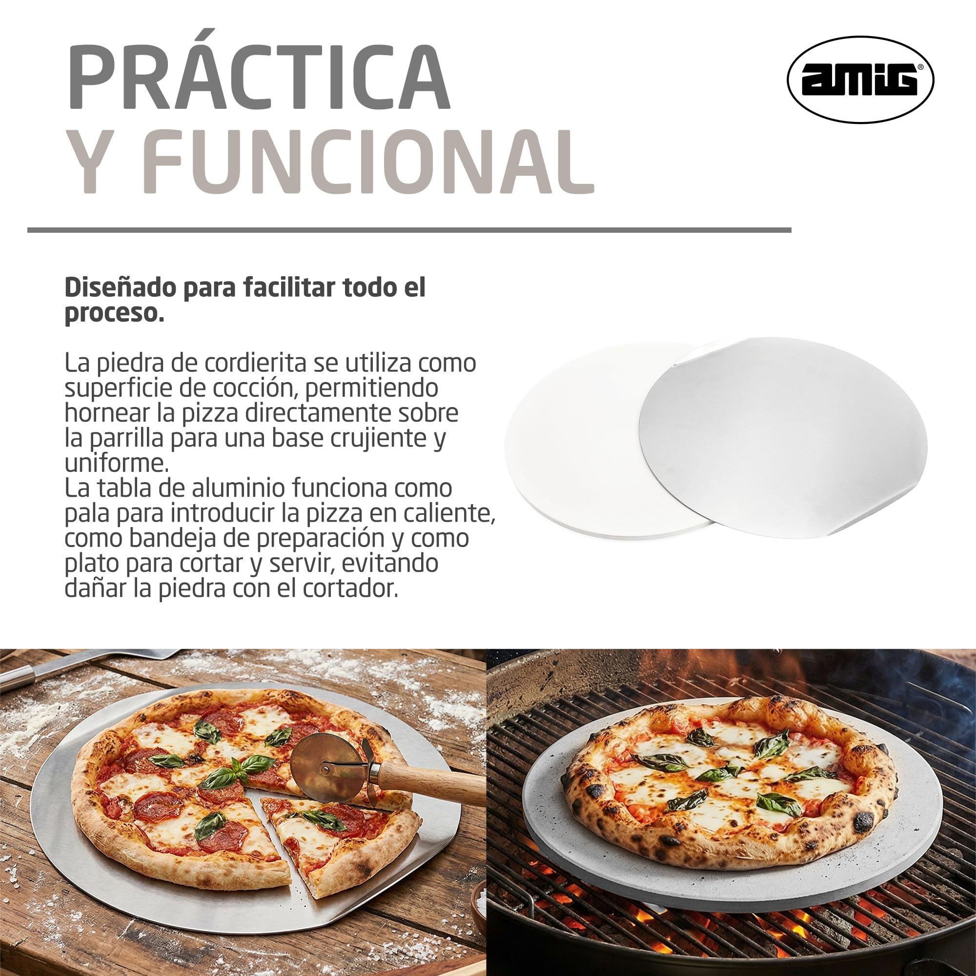Amig – Pizza‑Set für Grill – Cordieritstein und Aluminiumplatte – Durchmesser Stein 33 cm – Durchmesser Platte 31,5 cm – Geeignet für Backofen und Grill – Mod. AM27