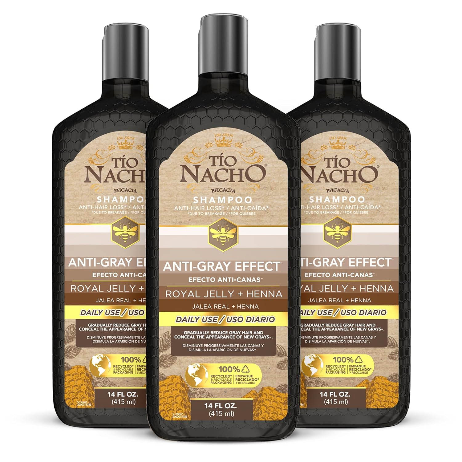 Tio Nacho Anti-Gray Effect Shampoo with Henna and Royal Jelly, Hair Toner Shampoo for Women and Men, Natural Henna Hair Color Shampoo for Gray Blending, Daily Use, 14 fl oz (Pack of 3)