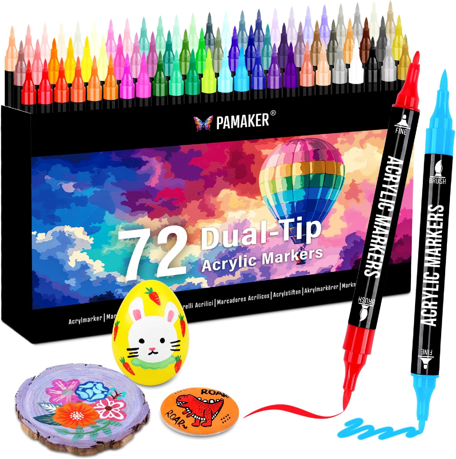 Pamaker 72 Colours Acrylic Paint Markers, Dual Tip with Fine and Brush Tips for Stone, Wood, Calligraphy, Canvas, Ceramic, Metal, Glass, Rock Painting, DIY Crafts