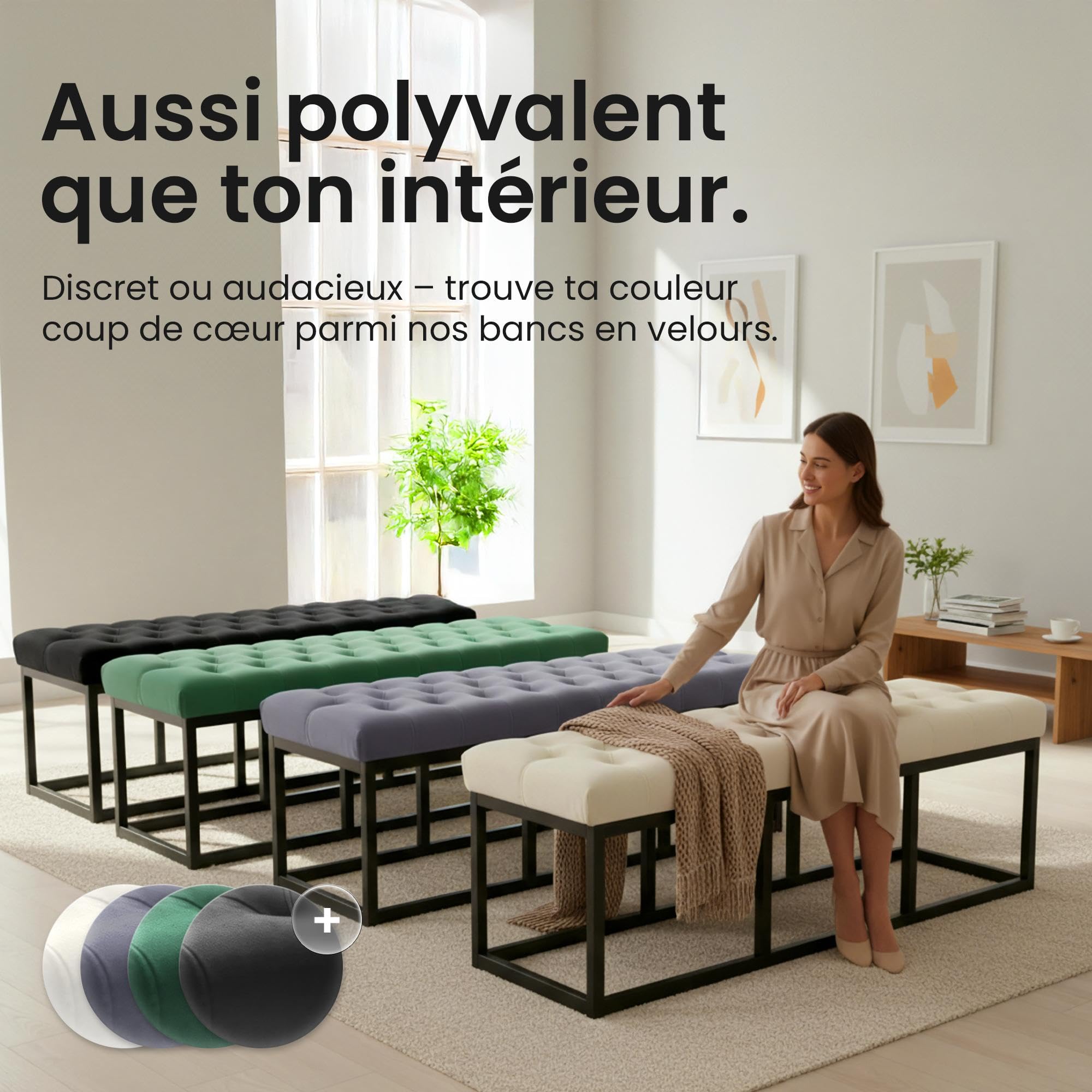CLP Banc Polson, Moderne, Cadre en métal Noir, Velours capitonné, Protection de Sol, pour Salon, entrée ou Chambre à Coucher, Couleur:Noir, Taille:120 cm