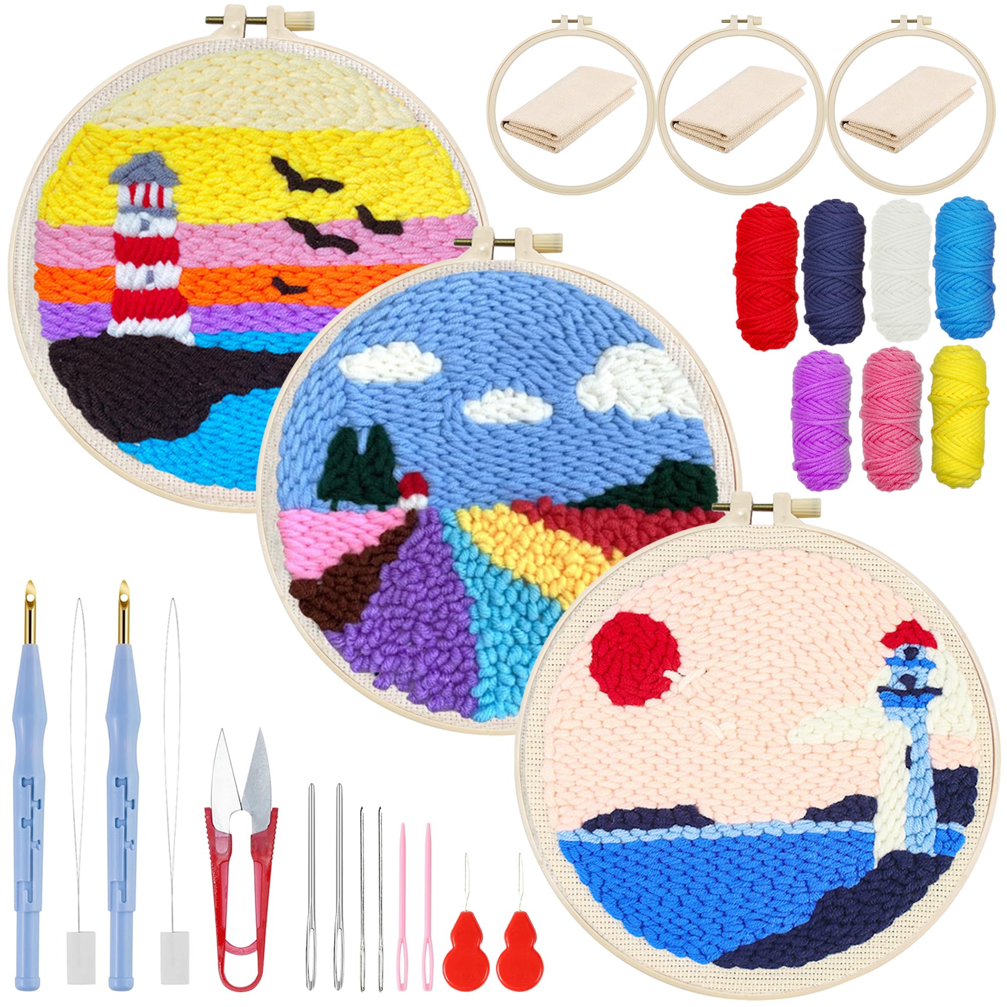 Attuslla 3 Set Punch Needle Embroidery Kits, Punch Needle Kits for Adults Beginner with Color Pattern Plastic Hoop