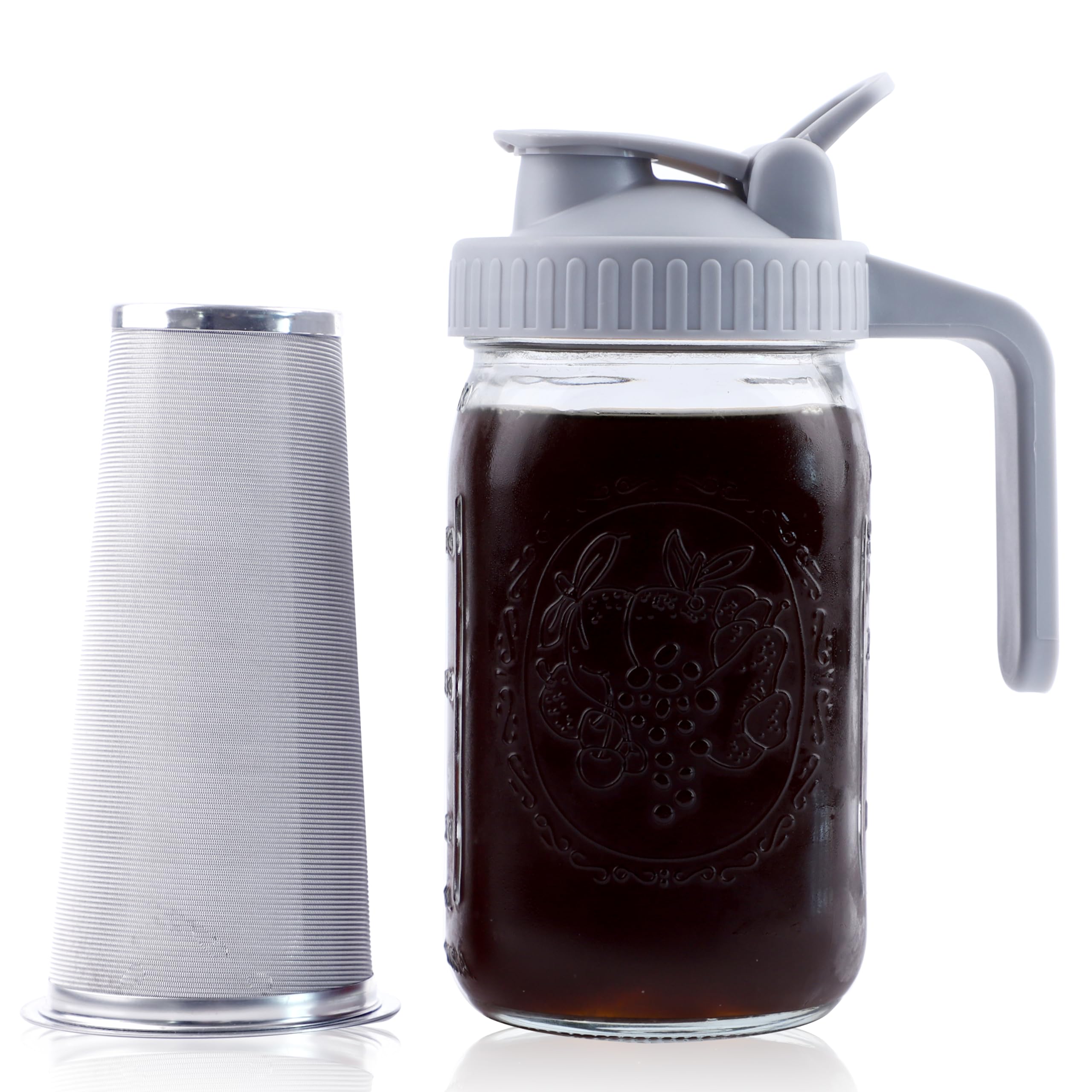 Photo 1 of **HANDLE IS DAMAGED**
Cold Brew Coffee Maker 32 Oz Mason Jar Cold Brew Pitcher With Strainer 1 Quart Wide Mouth Glass Iced Coffee Maker With Spout Lids Glass Pitcher For Fridge, Sun Tea, Lemonade, Cold Brew